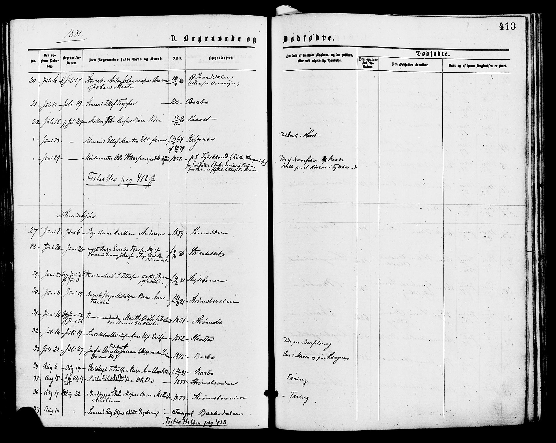 Barbu sokneprestkontor, AV/SAK-1111-0003/F/Fa/L0001: Parish register (official) no. A 1 /1, 1878-1883, p. 413