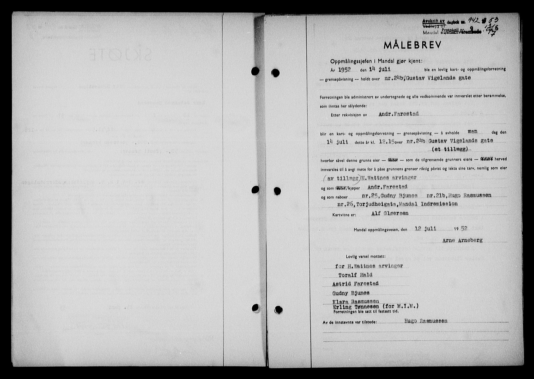 Mandal sorenskriveri, SAK/1221-0005/001/G/Gb/Gba/L0087: Mortgage book no. A-24, 1953-1953, Diary no: : 942/1953