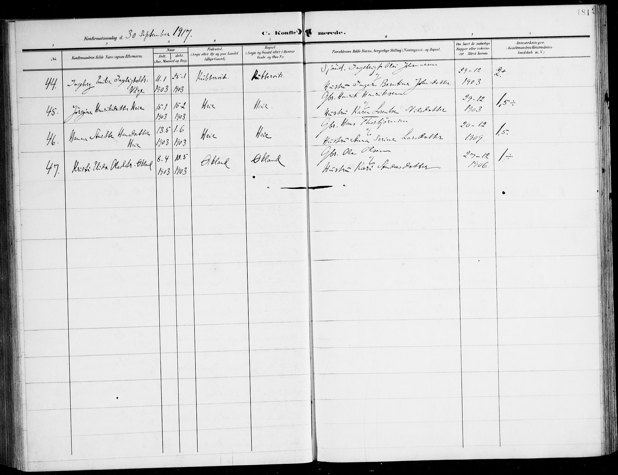 Tysnes sokneprestembete, AV/SAB-A-78601/H/Haa: Parish register (official) no. D 2, 1905-1922, p. 181