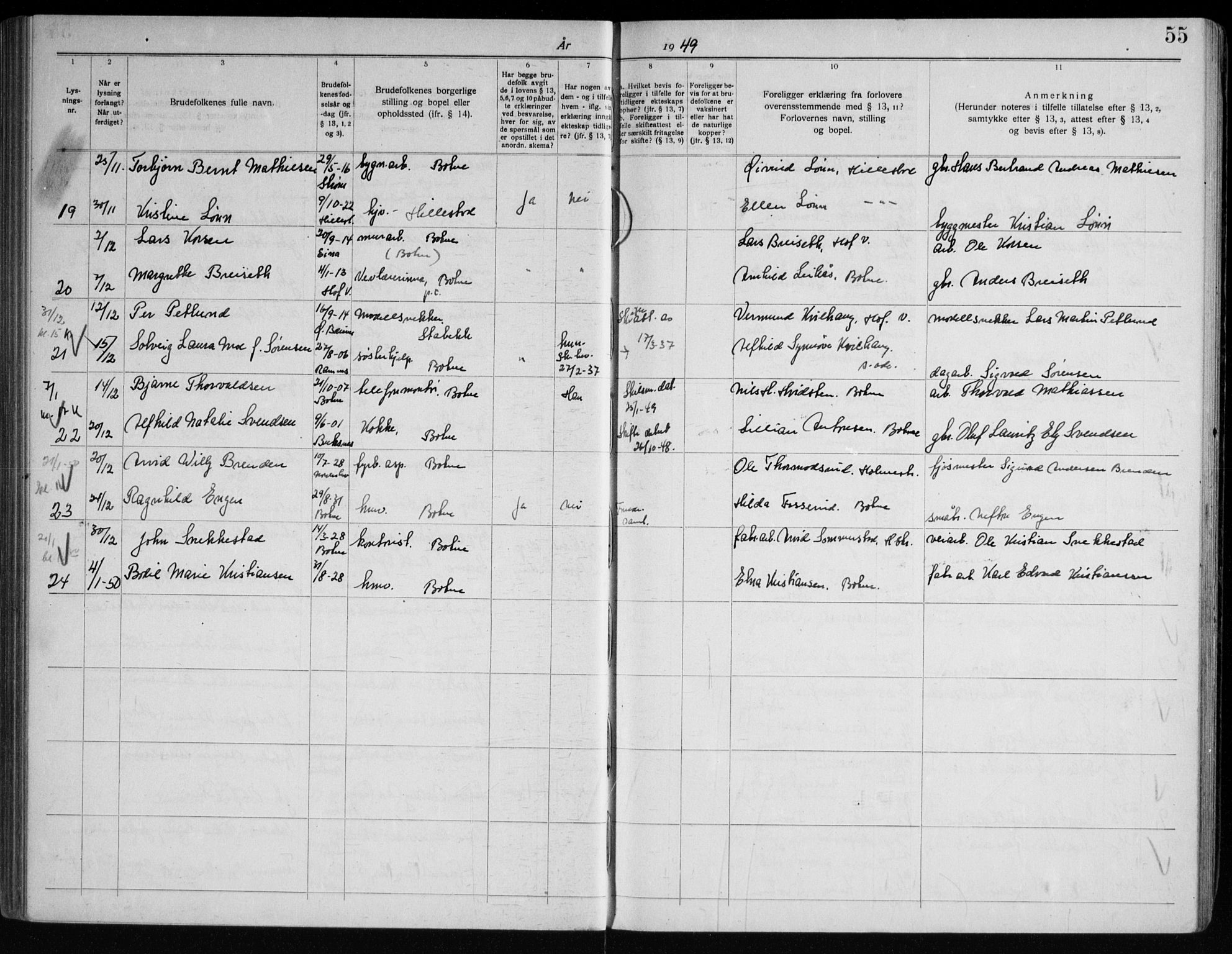 Botne kirkebøker, AV/SAKO-A-340/H/Ha/L0001: Banns register no. 1, 1919-1965, p. 55