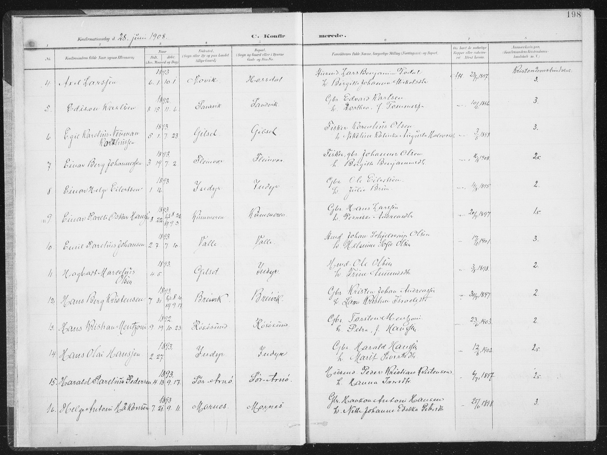 Ministerialprotokoller, klokkerbøker og fødselsregistre - Nordland, AV/SAT-A-1459/805/L0103: Parish register (official) no. 805A08II, 1900-1909, p. 198