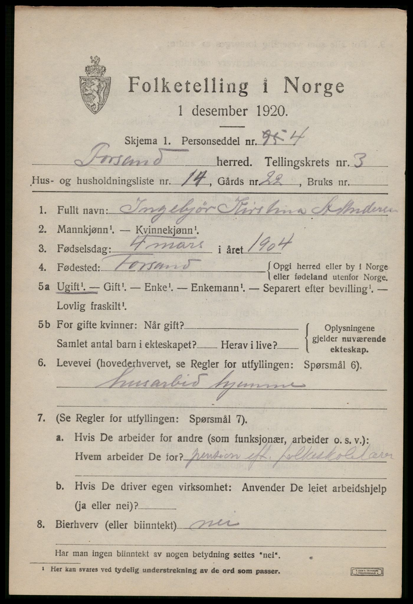 SAST, 1920 census for Forsand, 1920, p. 1613