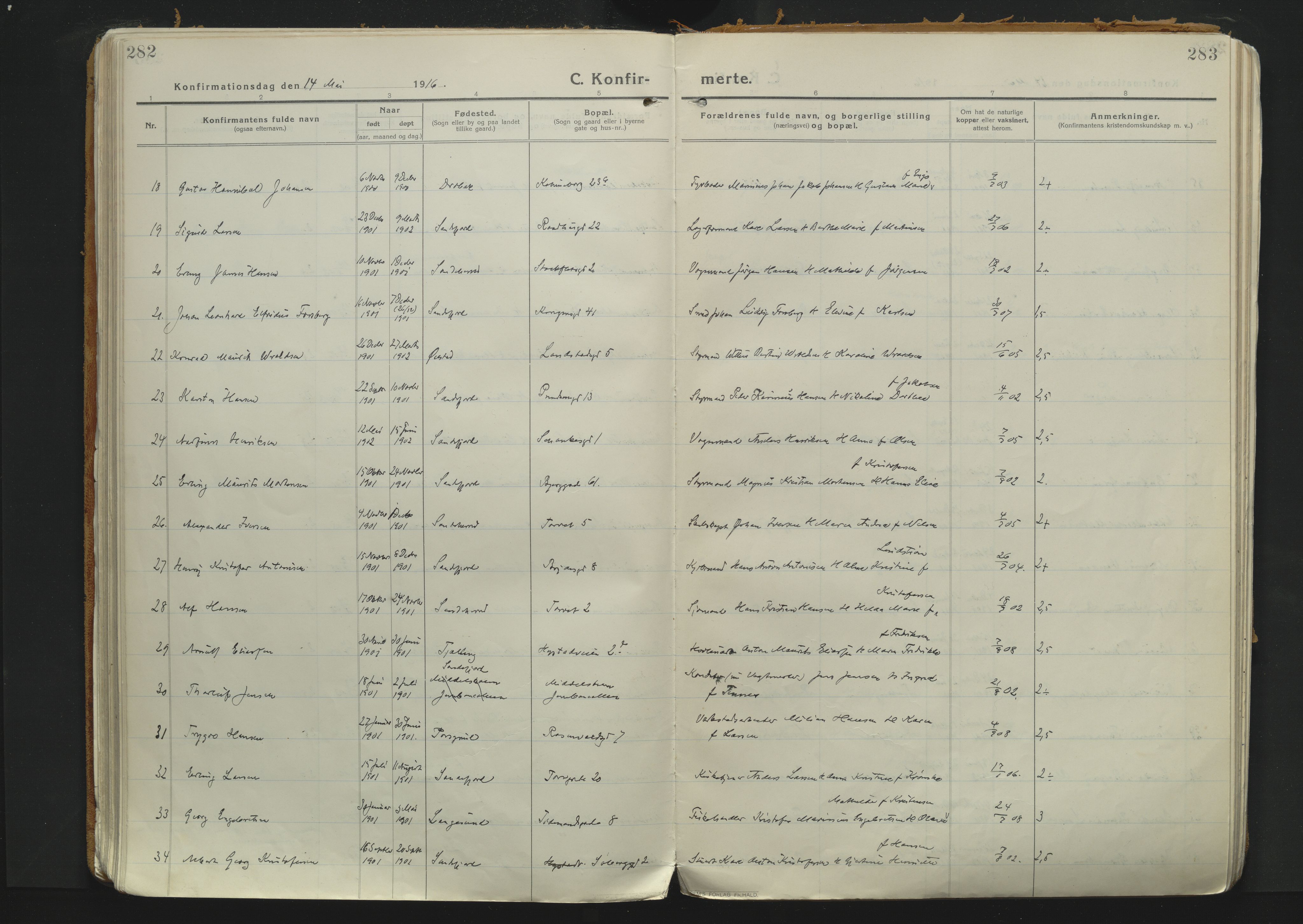 Sandefjord kirkebøker, SAKO/A-315/F/Fa/L0007: Parish register (official) no. 7, 1916-1930, p. 282-283
