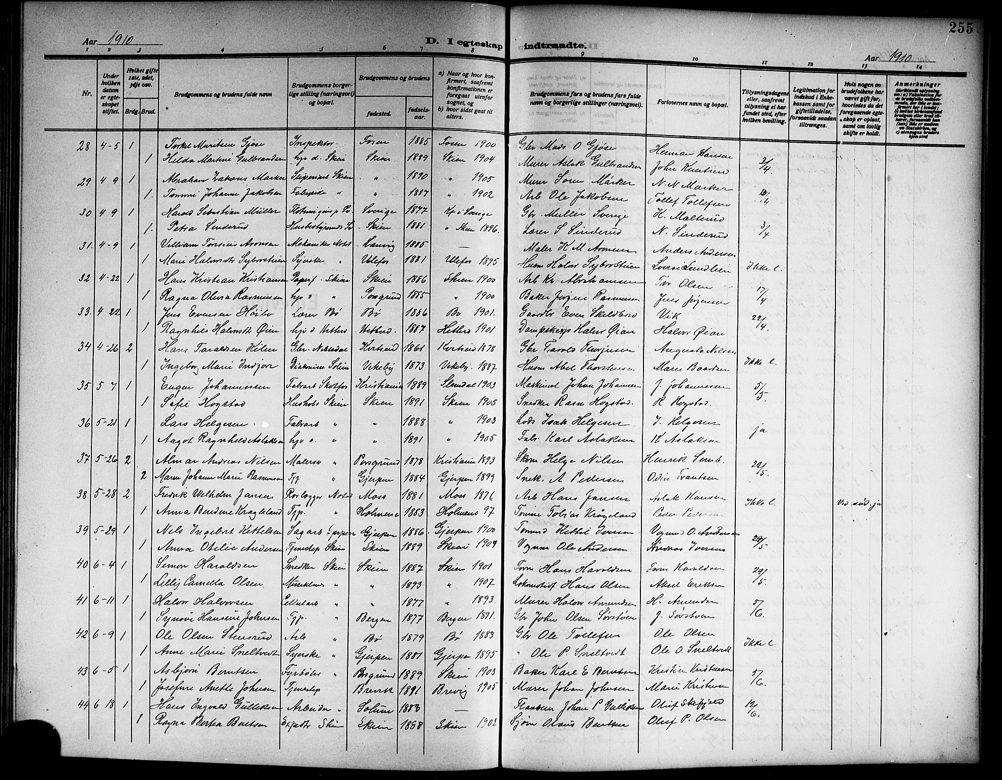 Skien kirkebøker, AV/SAKO-A-302/G/Ga/L0009: Parish register (copy) no. 9, 1910-1920, p. 255