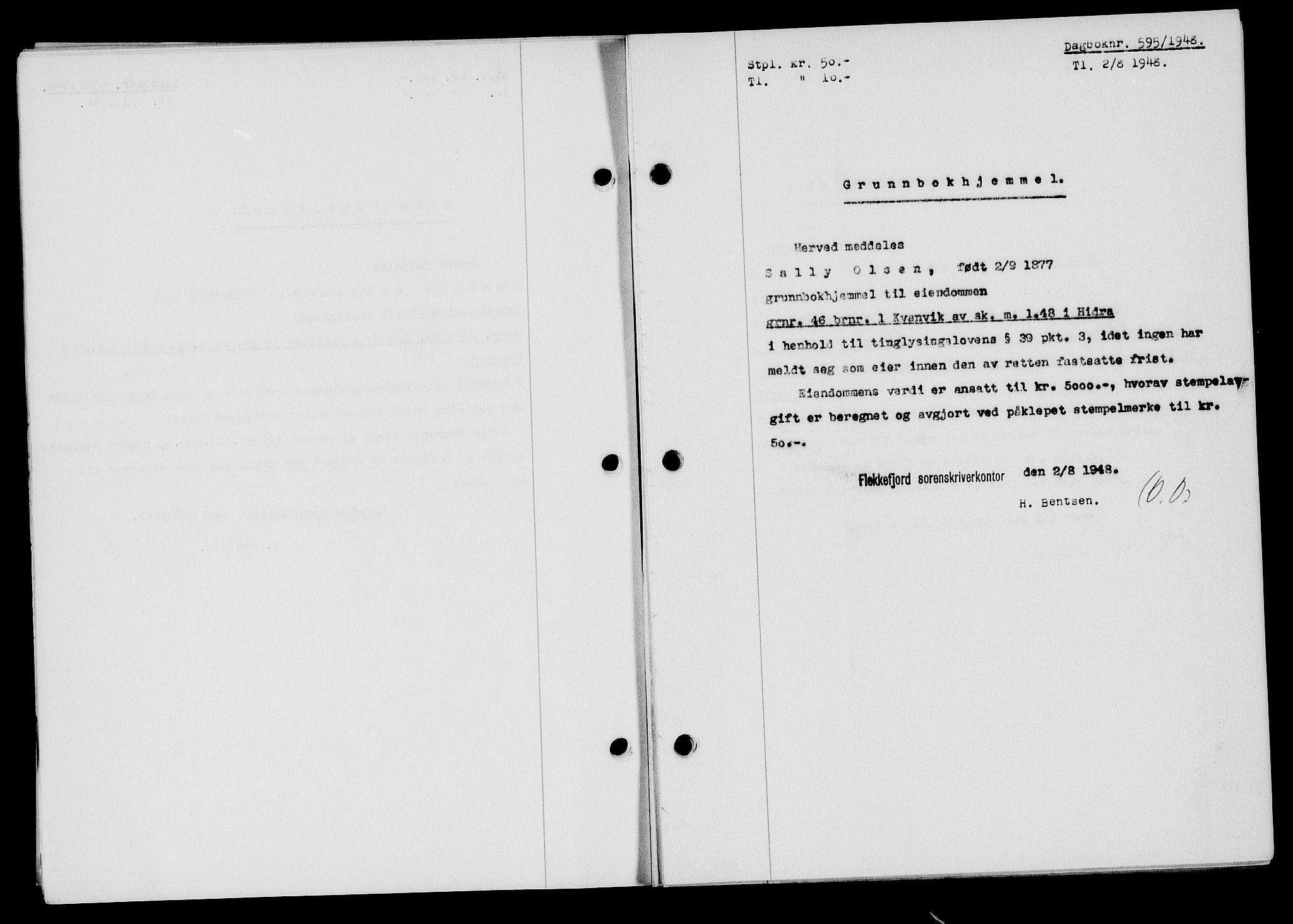 Flekkefjord sorenskriveri, SAK/1221-0001/G/Gb/Gba/L0064: Mortgage book no. A-12, 1948-1949, Diary no: : 595/1948
