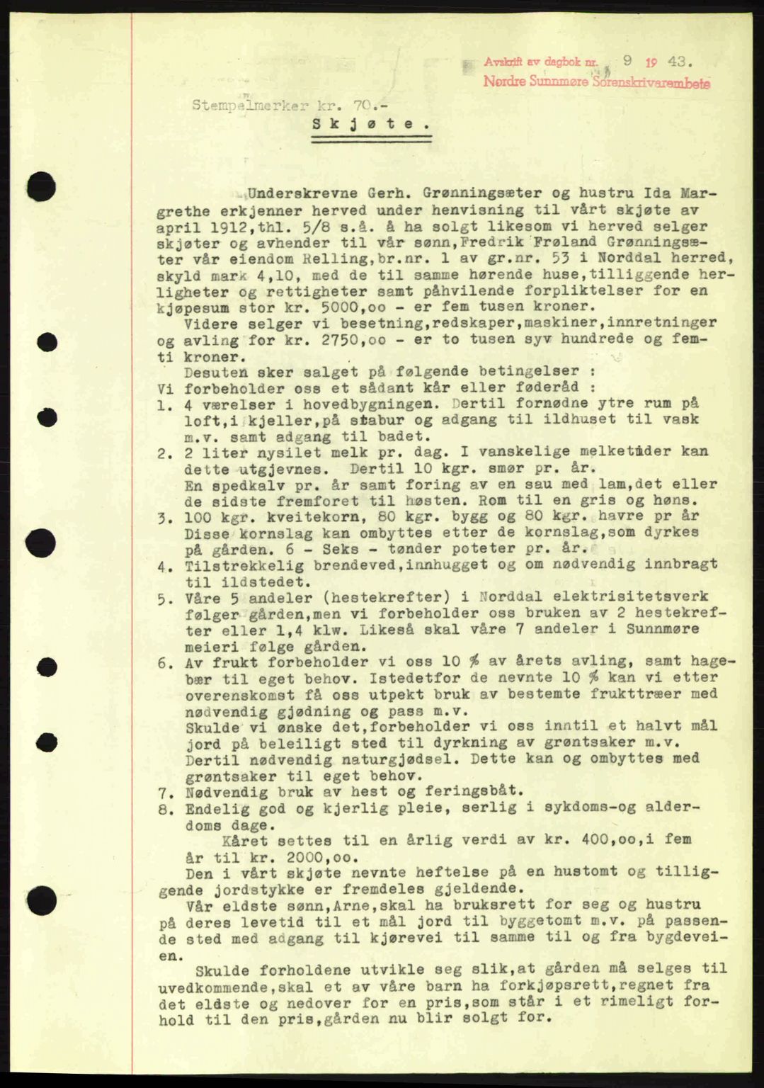 Nordre Sunnmøre sorenskriveri, AV/SAT-A-0006/1/2/2C/2Ca: Mortgage book no. A17, 1943-1944, Diary no: : 9/1944