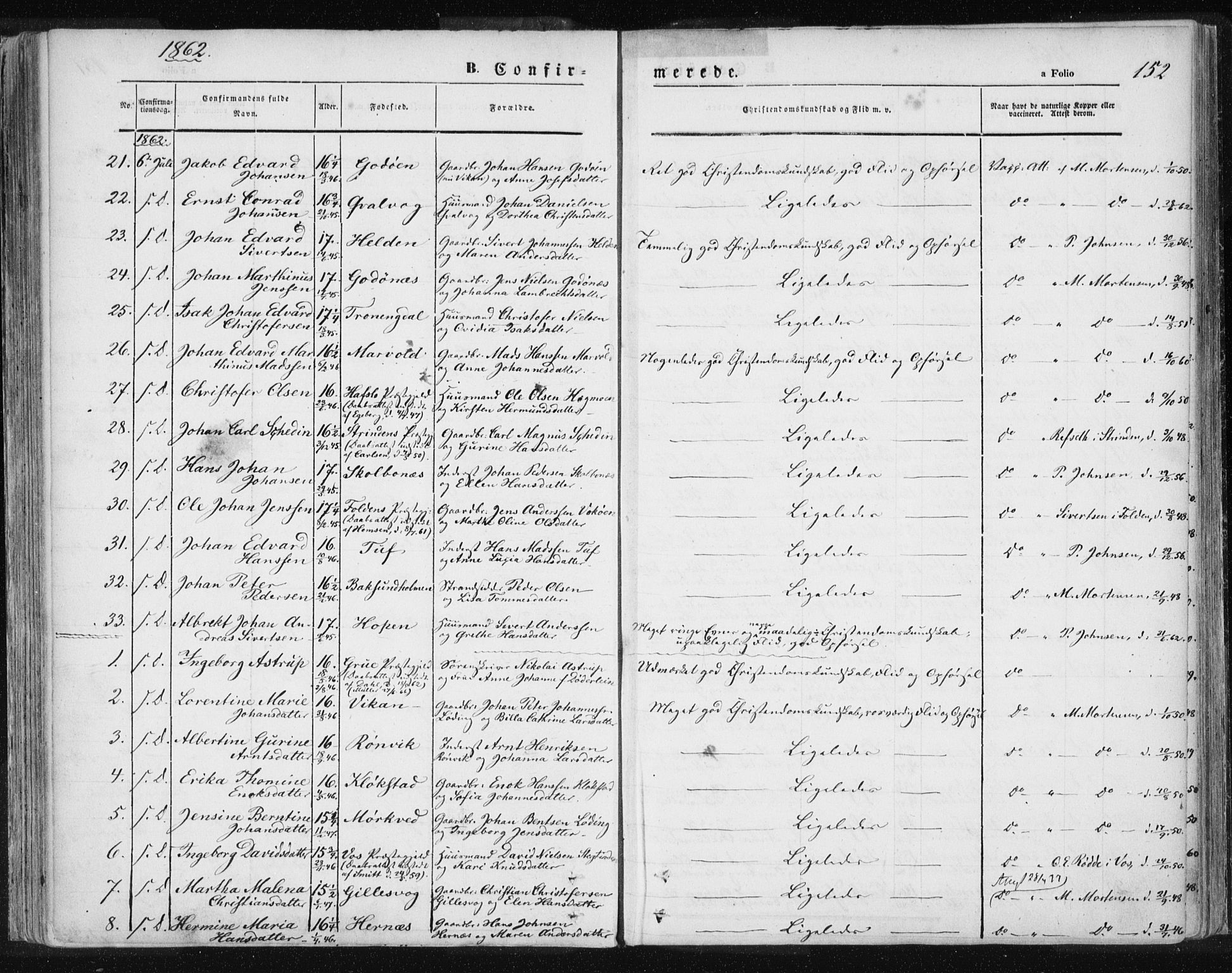 Ministerialprotokoller, klokkerbøker og fødselsregistre - Nordland, AV/SAT-A-1459/801/L0007: Parish register (official) no. 801A07, 1845-1863, p. 152