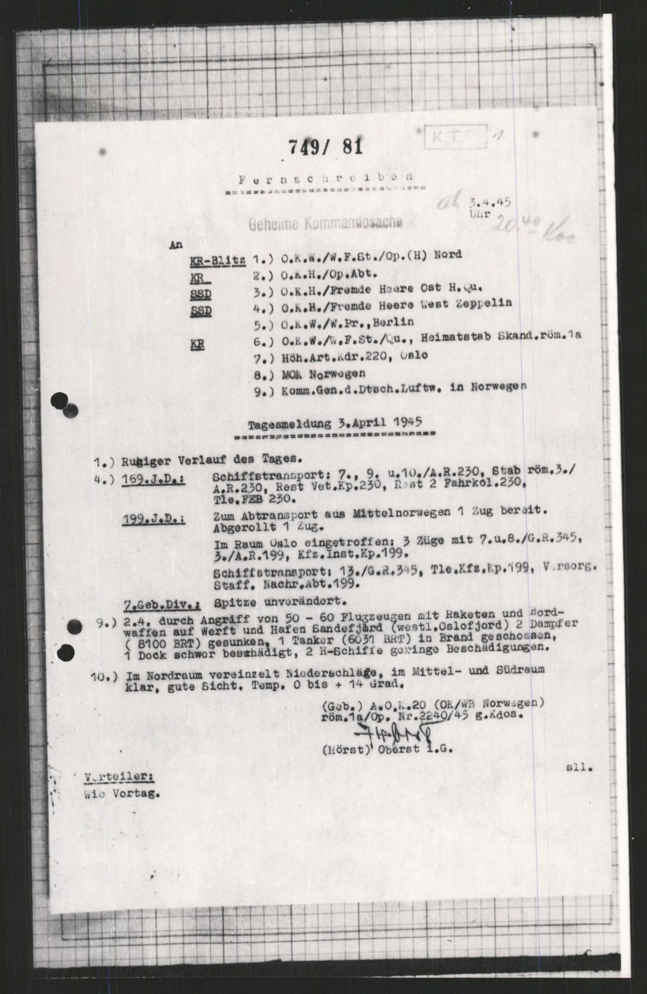 Forsvarets Overkommando. 2 kontor. Arkiv 11.4. Spredte tyske arkivsaker, AV/RA-RAFA-7031/D/Dar/Dara/L0009: Krigsdagbøker for 20. Gebirgs-Armee-Oberkommando (AOK 20), 1940-1945, p. 26