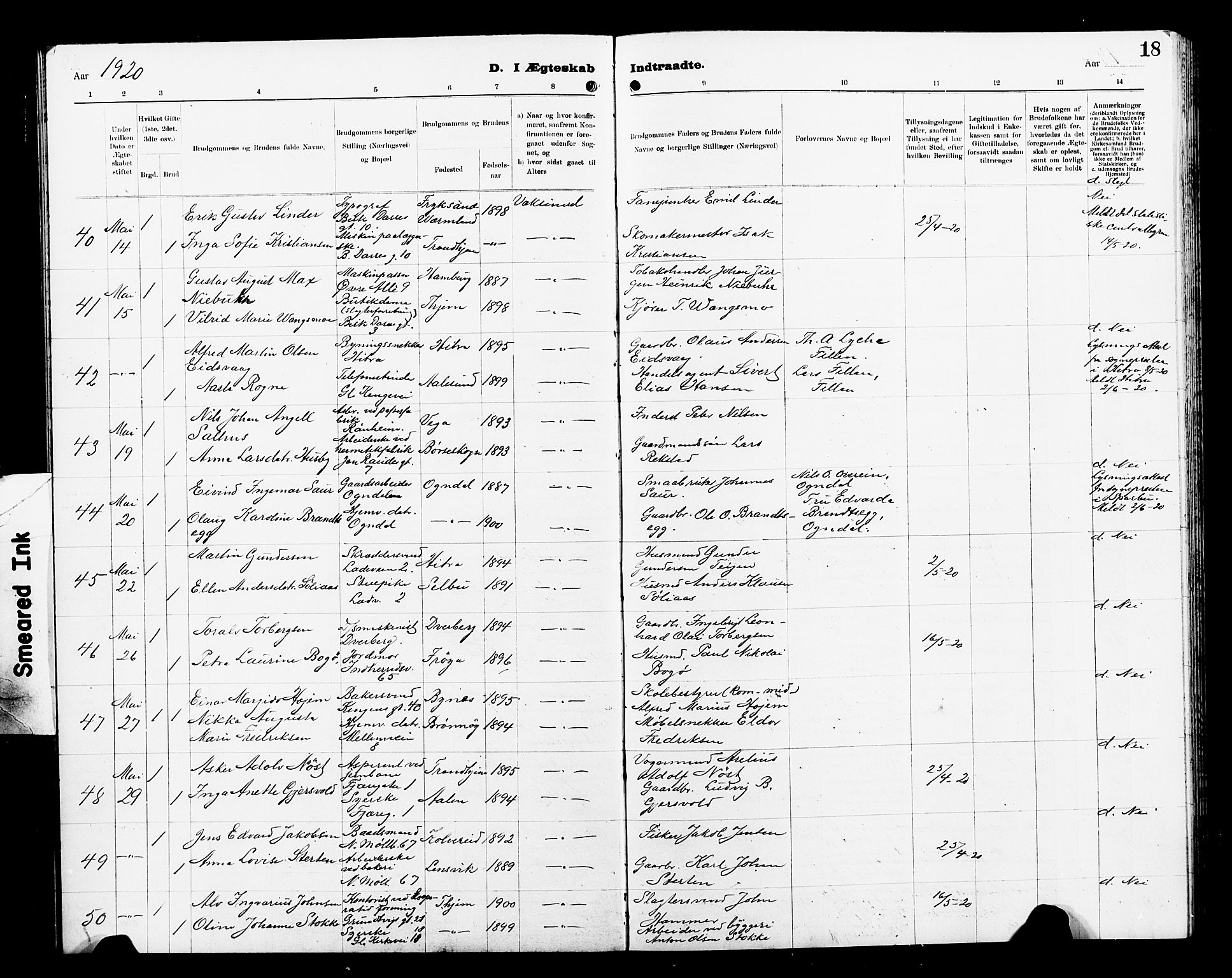Ministerialprotokoller, klokkerbøker og fødselsregistre - Sør-Trøndelag, SAT/A-1456/605/L0257: Parish register (copy) no. 605C04, 1916-1922, p. 18
