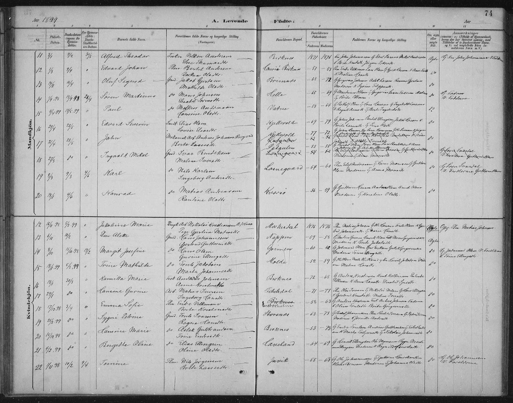 Gulen sokneprestembete, AV/SAB-A-80201/H/Hab/Habb/L0003: Parish register (copy) no. B 3, 1884-1907, p. 74
