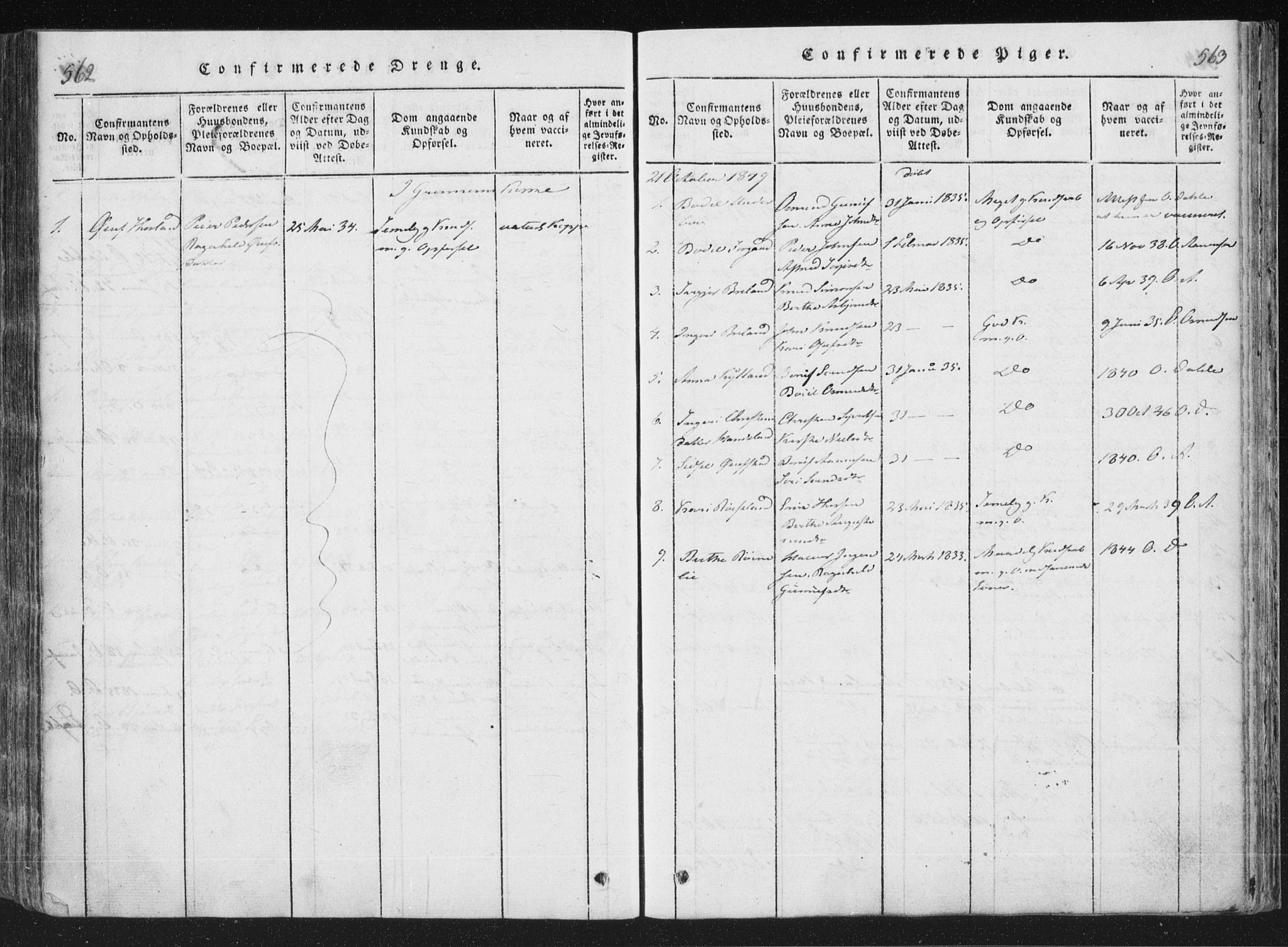 Åseral sokneprestkontor, AV/SAK-1111-0051/F/Fa/L0001: Parish register (official) no. A 1, 1815-1853, p. 562-563