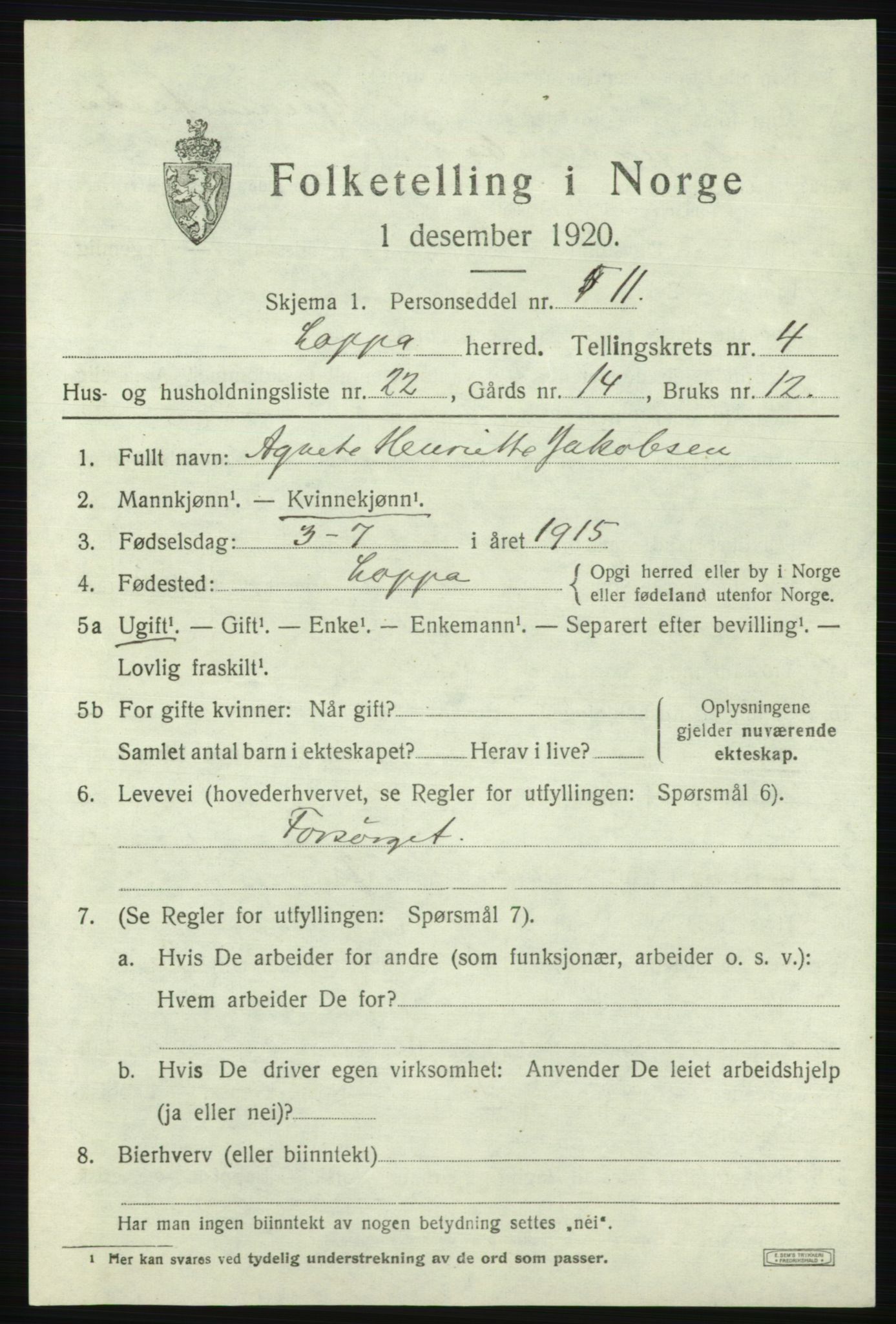 SATØ, 1920 census for Loppa, 1920, p. 1554