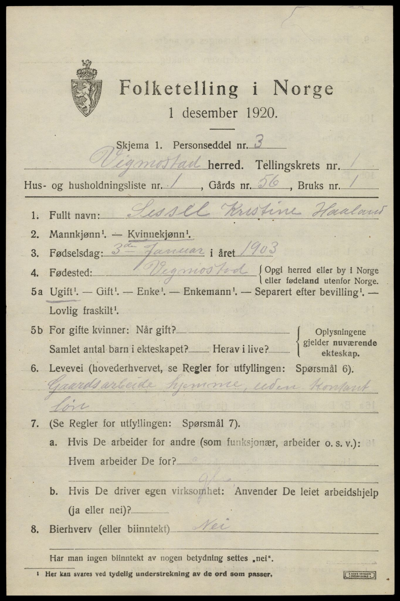 SAK, 1920 census for Vigmostad, 1920, p. 425