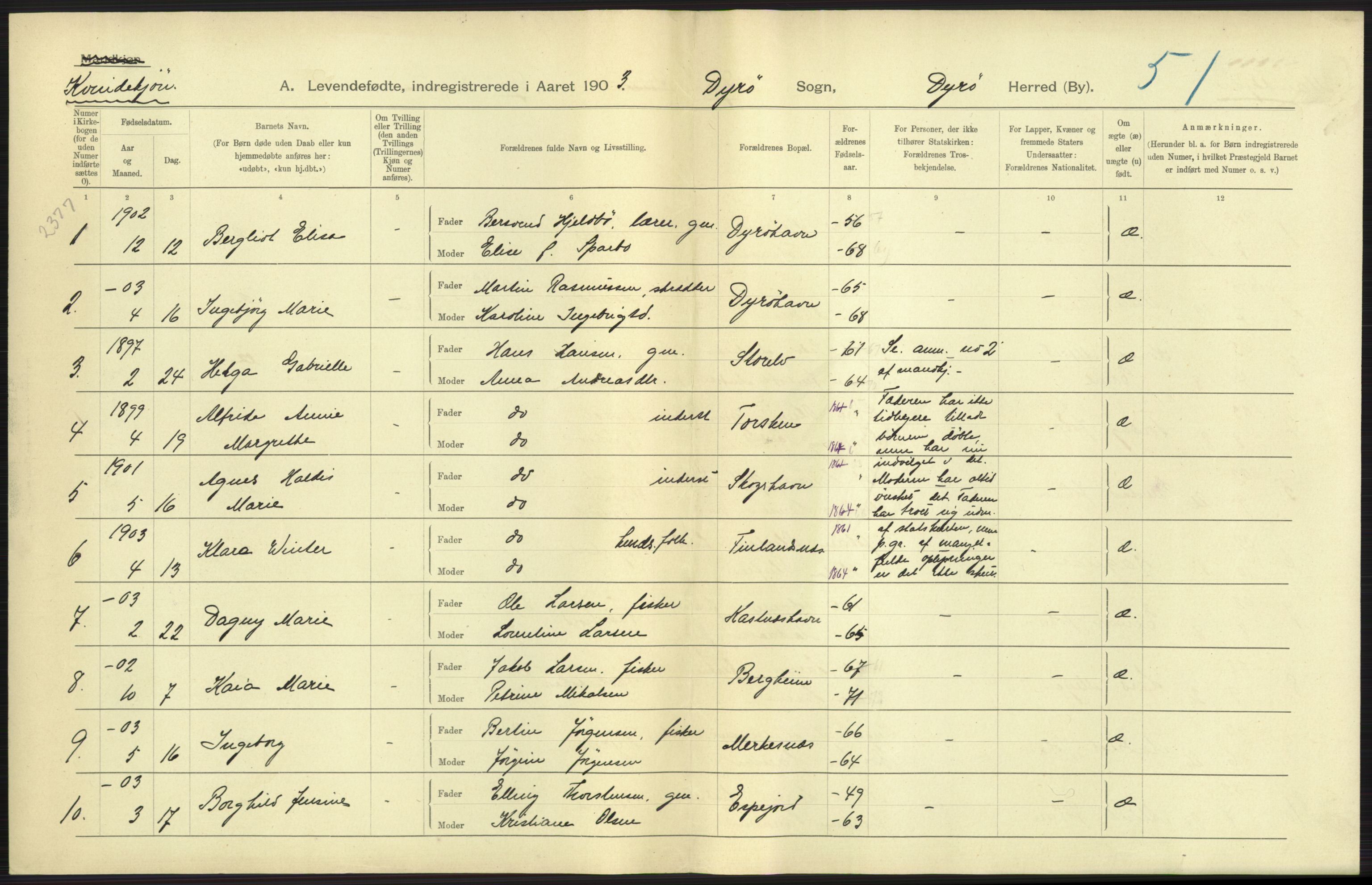 Statistisk sentralbyrå, Sosiodemografiske emner, Befolkning, AV/RA-S-2228/D/Df/Dfa/Dfaa/L0021: Tromsø amt: Fødte, gifte, døde., 1903, p. 21