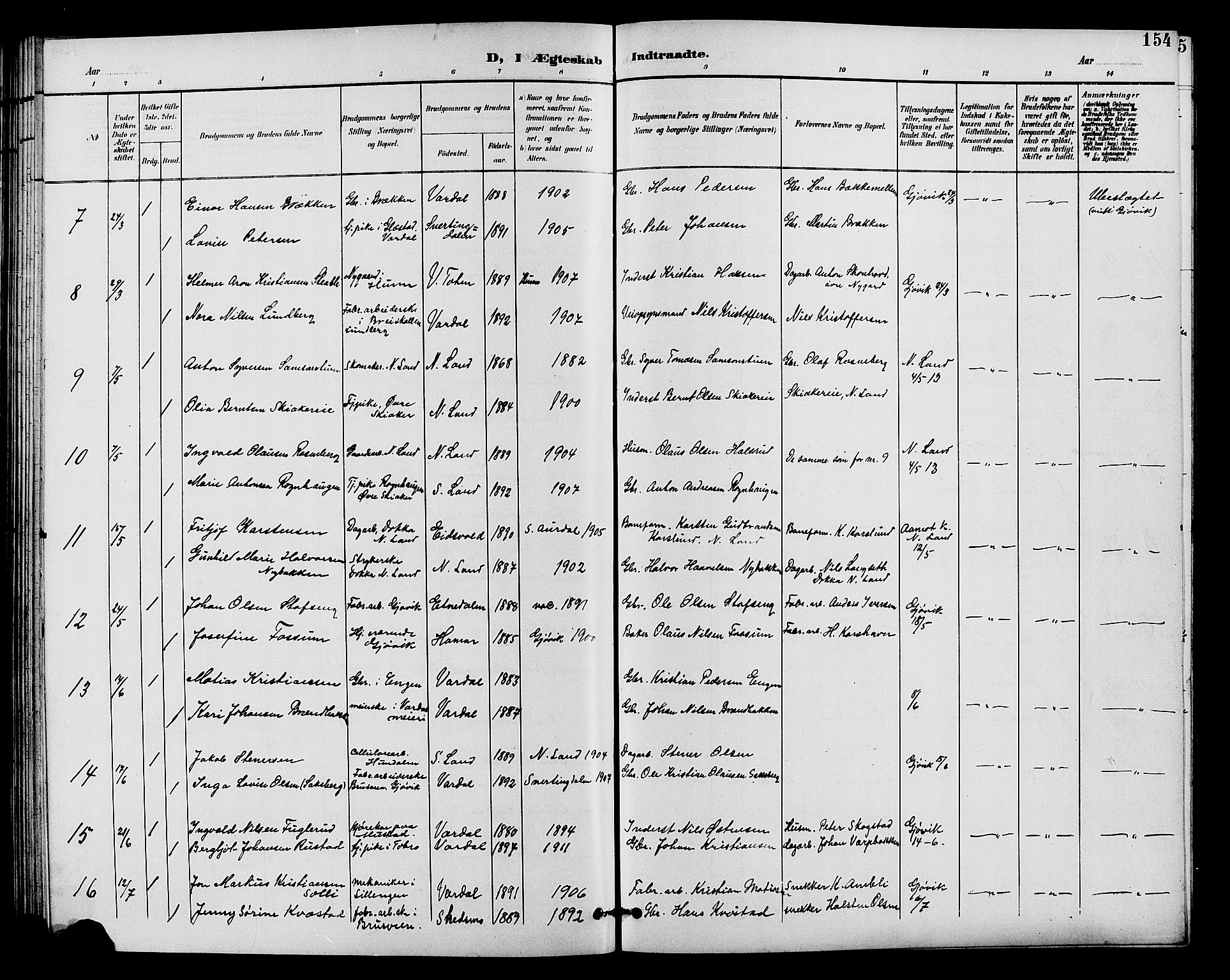 Vardal prestekontor, SAH/PREST-100/H/Ha/Hab/L0011: Parish register (copy) no. 11, 1899-1913, p. 154
