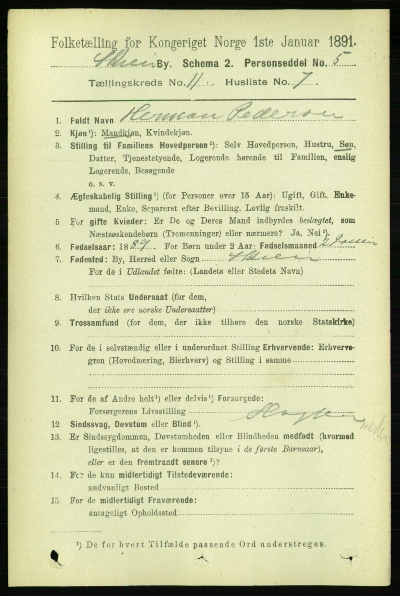 RA, 1891 census for 0806 Skien, 1891, p. 3949