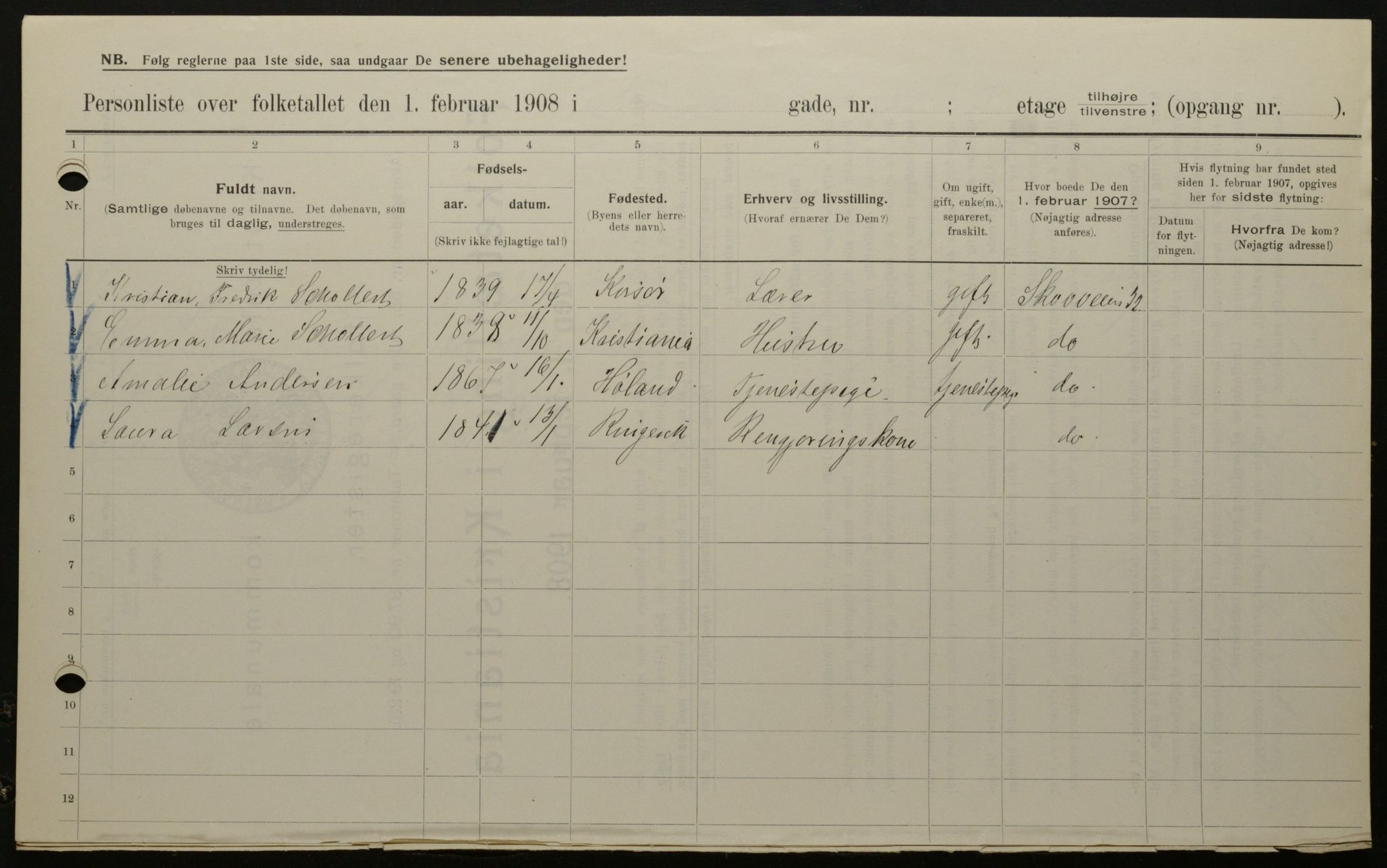 OBA, Municipal Census 1908 for Kristiania, 1908, p. 87255