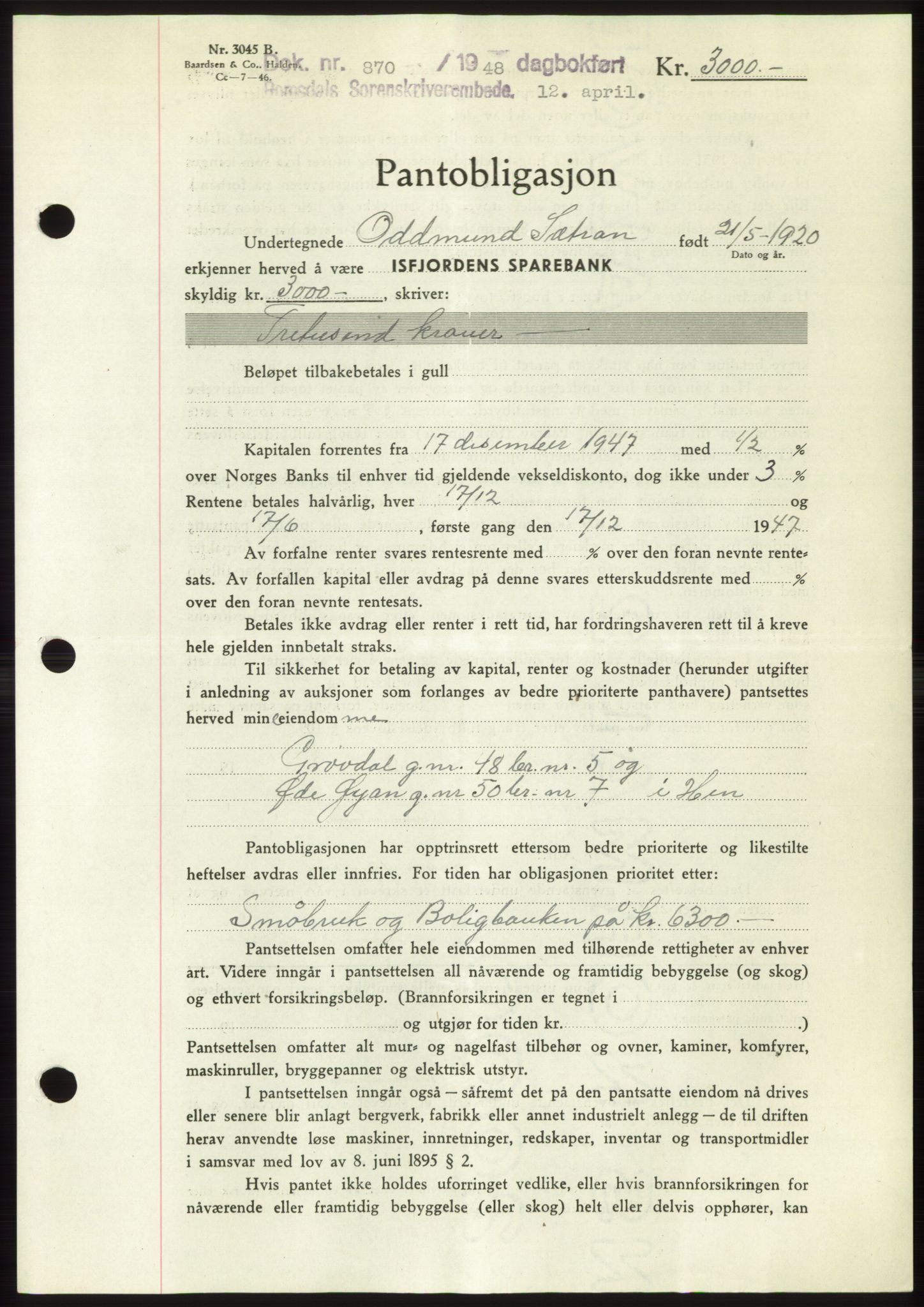 Romsdal sorenskriveri, AV/SAT-A-4149/1/2/2C: Mortgage book no. B3, 1946-1948, Diary no: : 870/1948