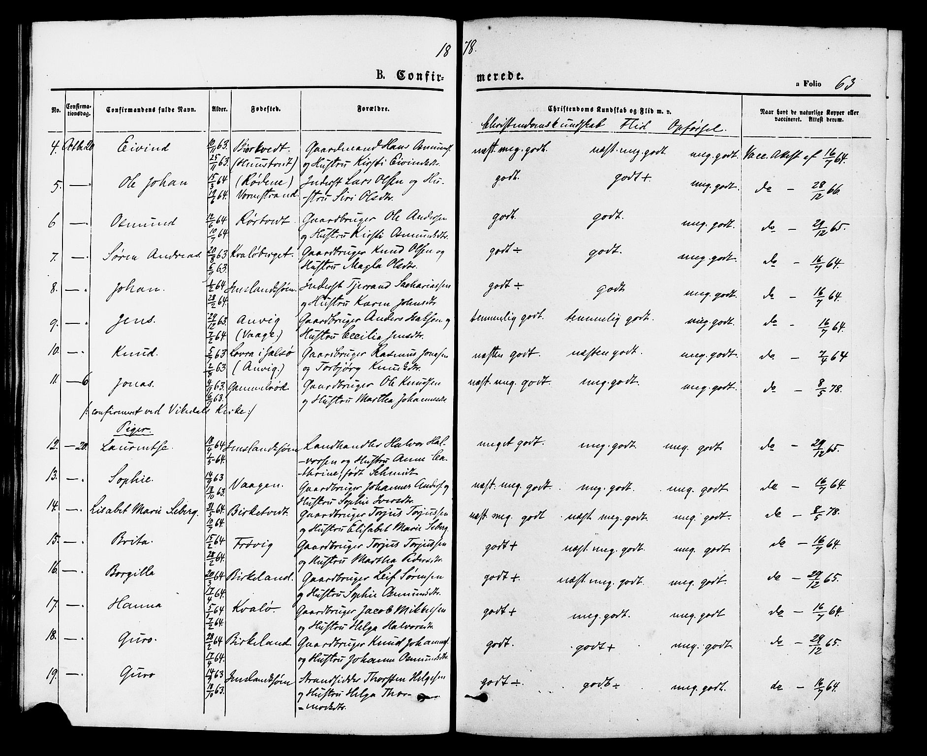 Vikedal sokneprestkontor, AV/SAST-A-101840/01/IV: Parish register (official) no. A 9, 1868-1885, p. 63