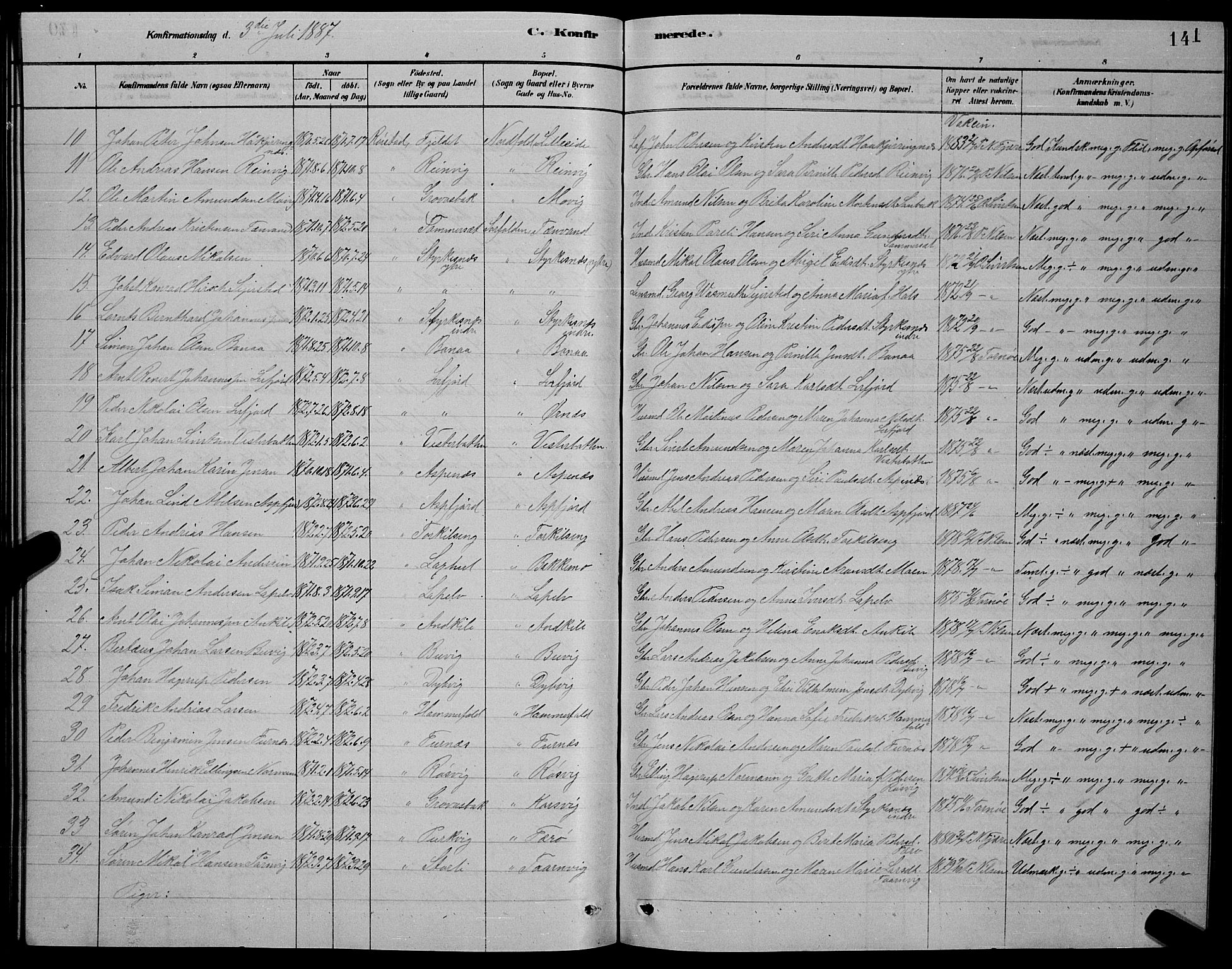 Ministerialprotokoller, klokkerbøker og fødselsregistre - Nordland, AV/SAT-A-1459/853/L0776: Parish register (copy) no. 853C04, 1878-1889, p. 141