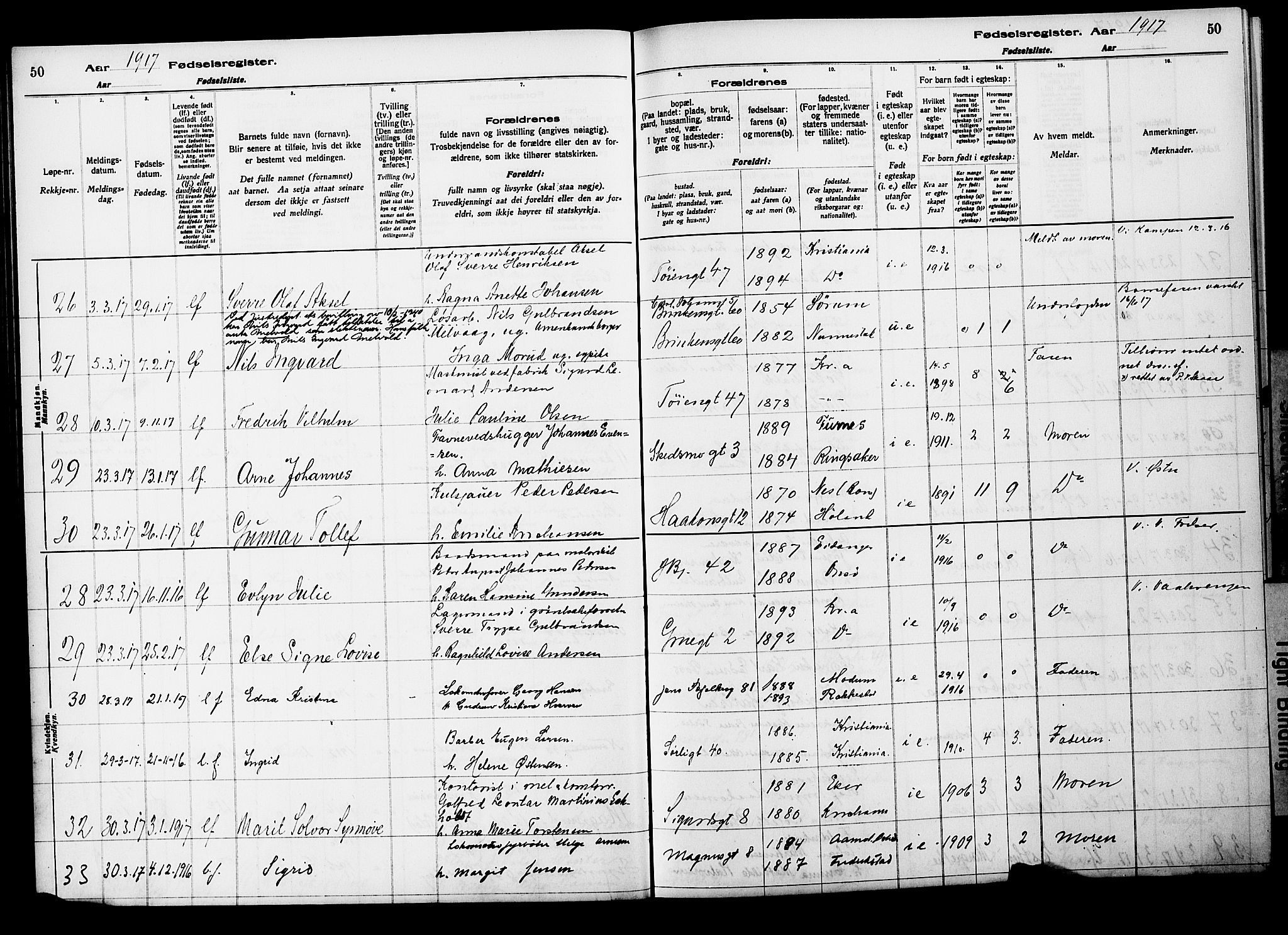 Kampen prestekontor Kirkebøker, SAO/A-10853/J/Ja/L0001: Birth register no. 1, 1916-1920, p. 50