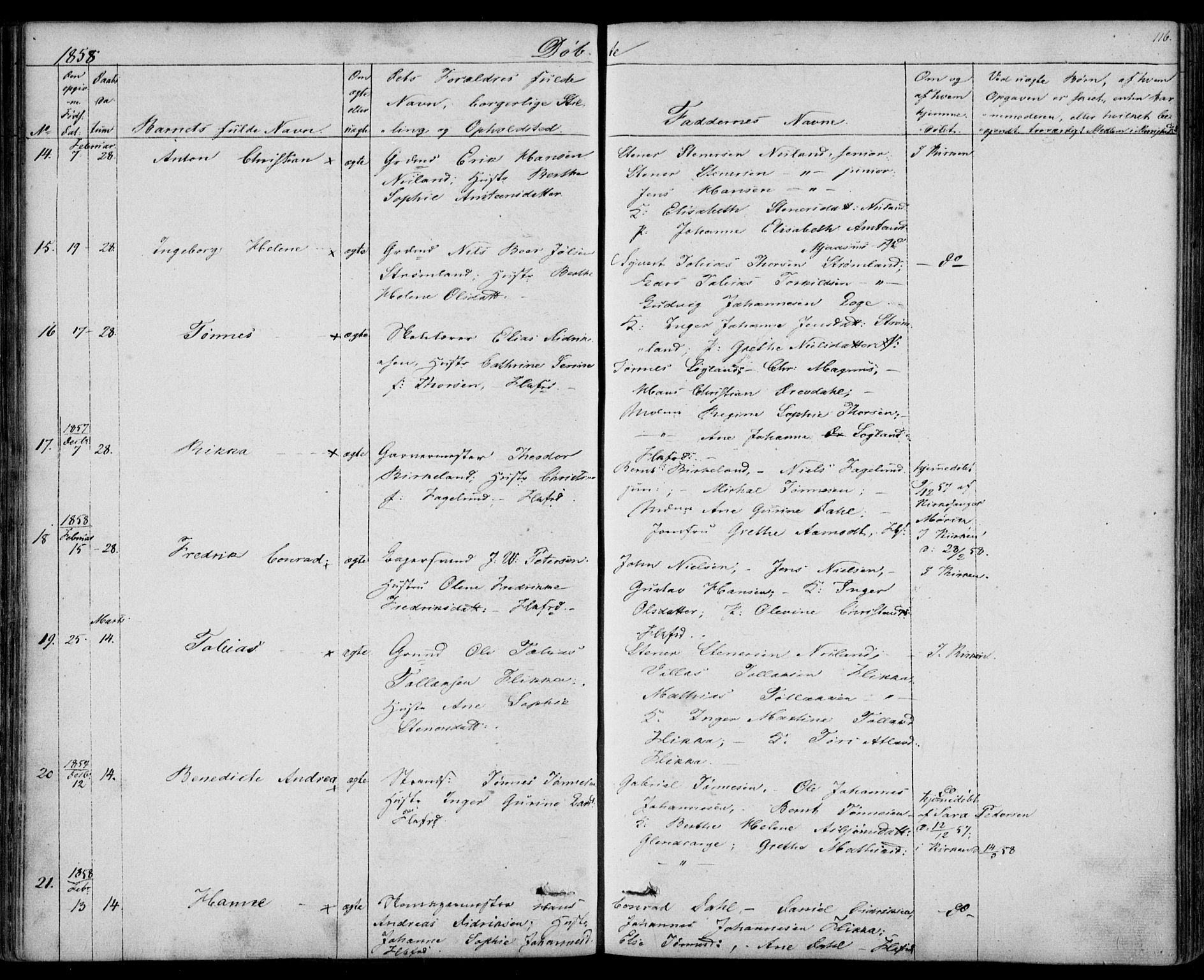Flekkefjord sokneprestkontor, AV/SAK-1111-0012/F/Fb/Fbc/L0005: Parish register (copy) no. B 5, 1846-1866, p. 116