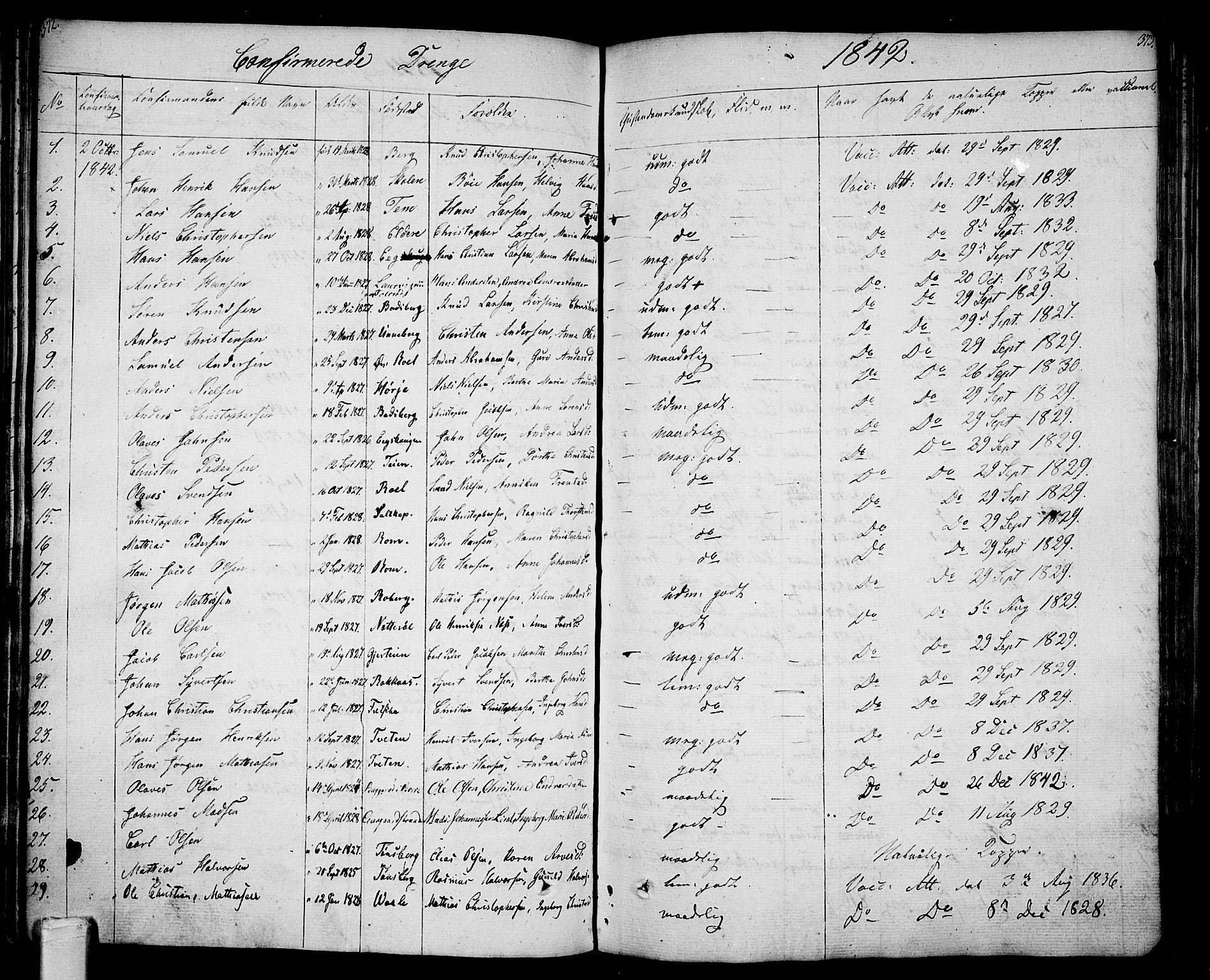 Sem kirkebøker, SAKO/A-5/F/Fa/L0005: Parish register (official) no. I 5, 1825-1842, p. 372-373