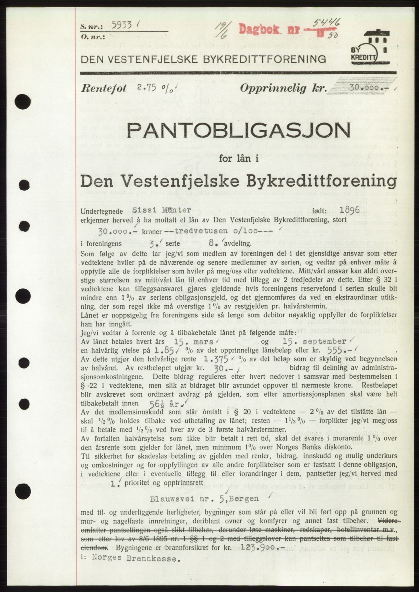 Byfogd og Byskriver i Bergen, AV/SAB-A-3401/03/03Bd/L0003: Mortgage book no. B29-39, 1947-1950, Diary no: : 5446/1950