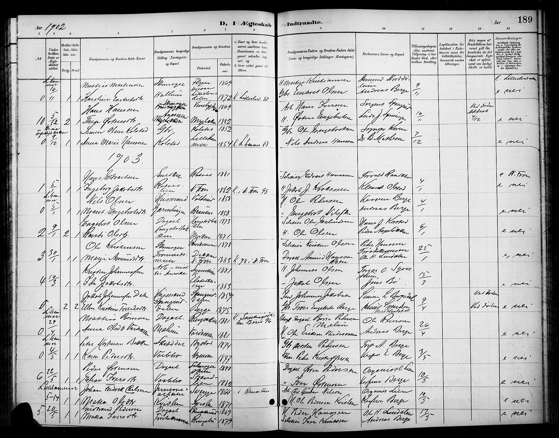 Ringebu prestekontor, SAH/PREST-082/H/Ha/Hab/L0009: Parish register (copy) no. 9, 1899-1921, p. 189