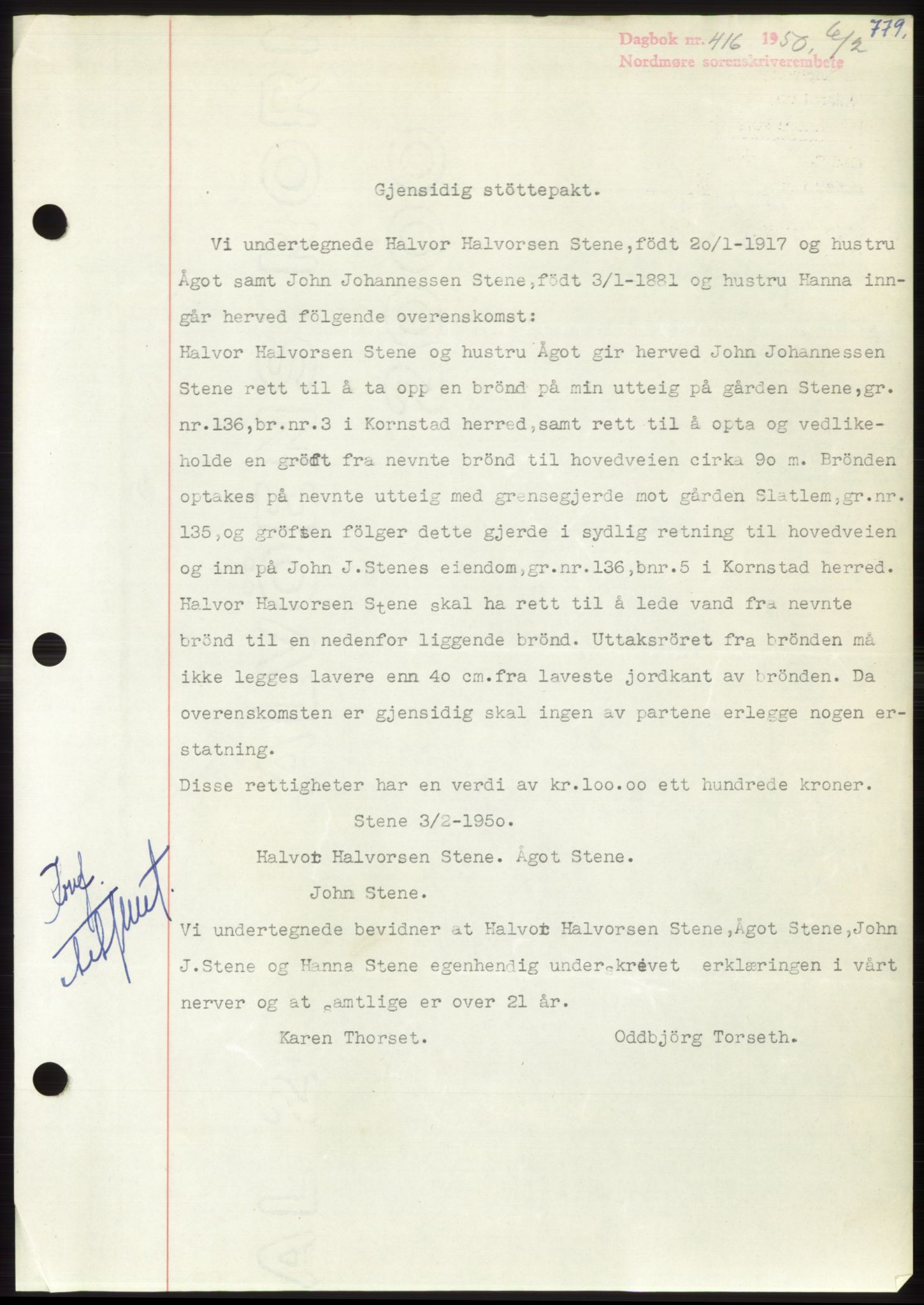 Nordmøre sorenskriveri, AV/SAT-A-4132/1/2/2Ca: Mortgage book no. B103, 1949-1950, Diary no: : 416/1950