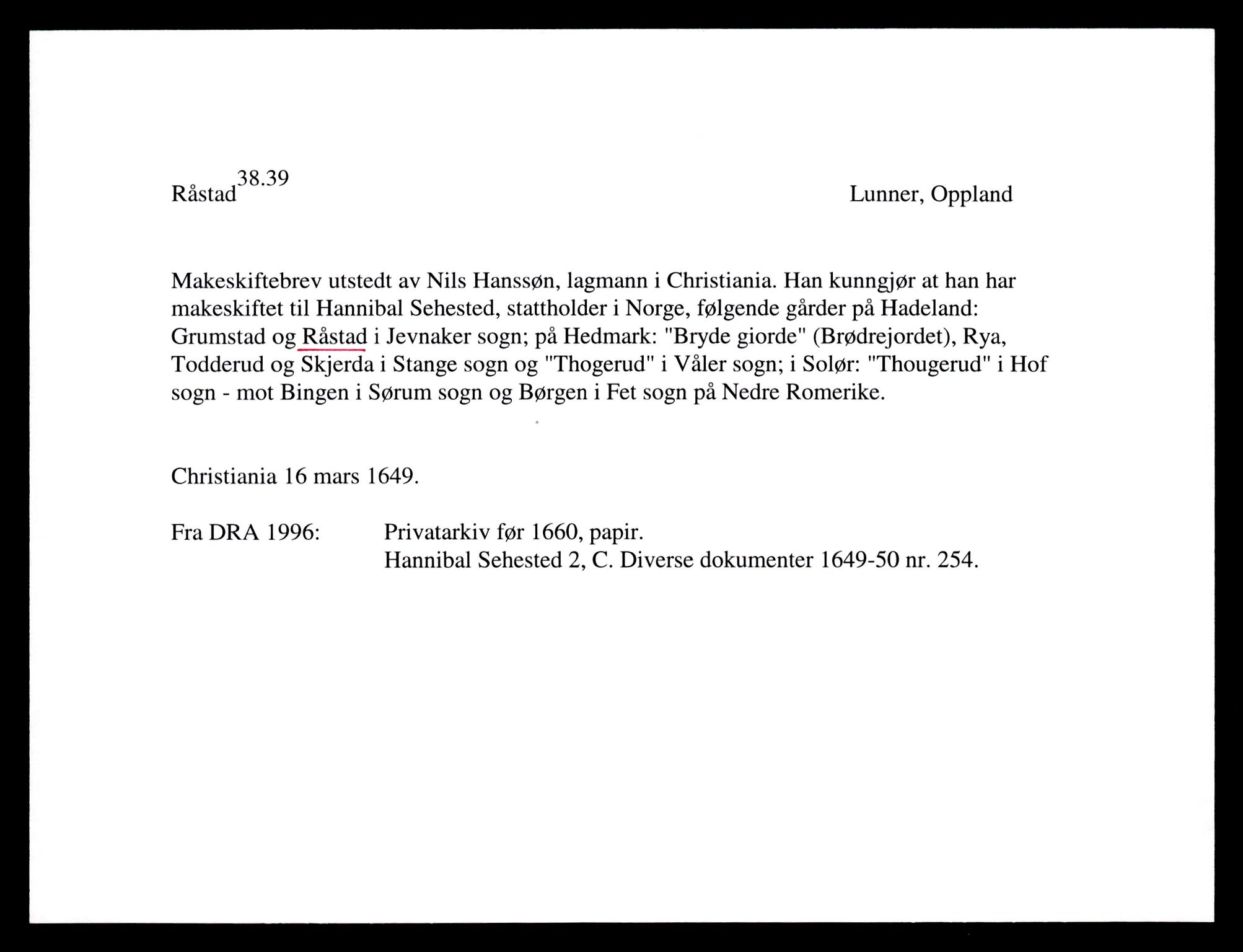 Riksarkivets diplomsamling, AV/RA-EA-5965/F35/F35e/L0011: Registreringssedler Oppland 3, 1400-1700, p. 337