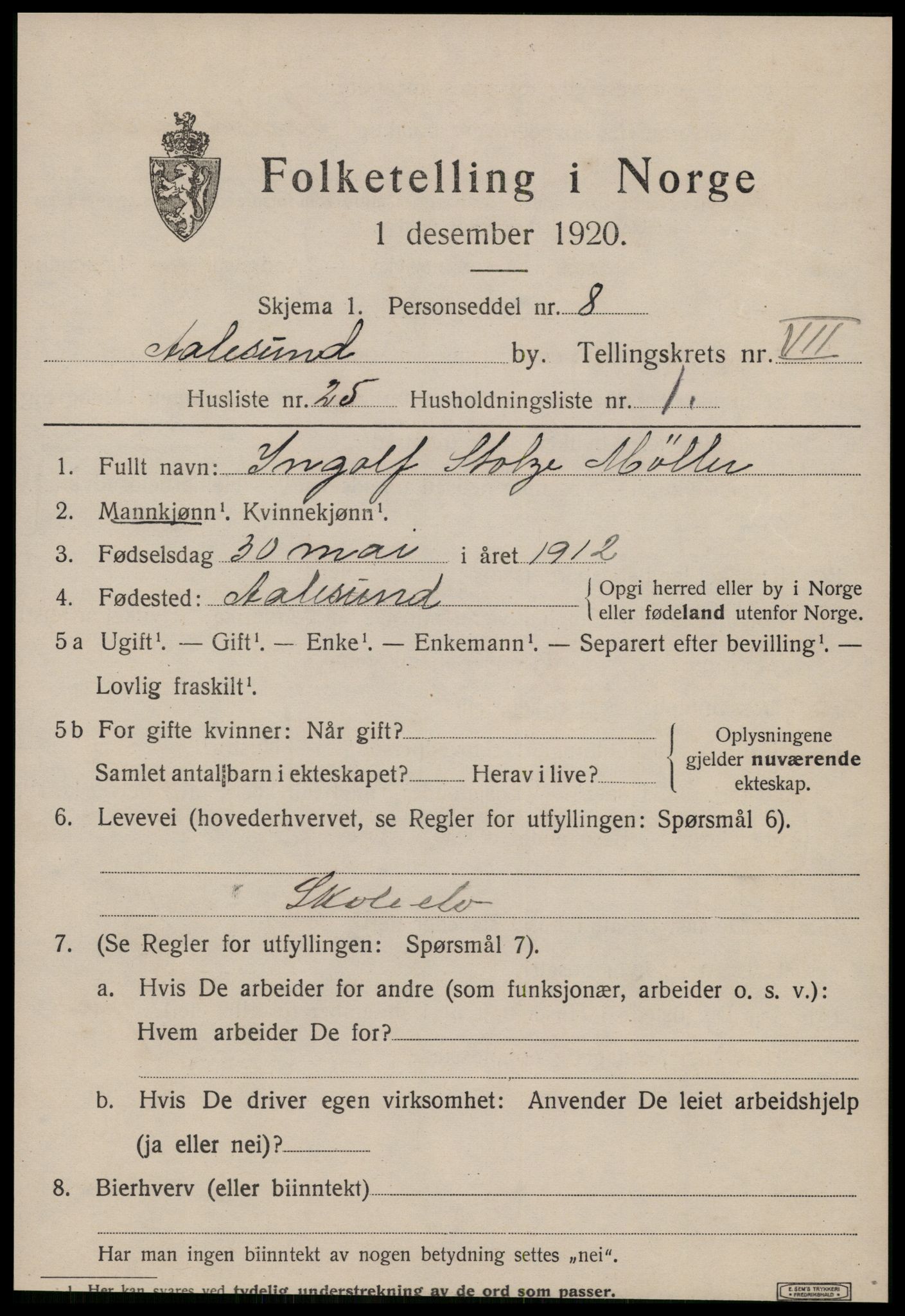 SAT, 1920 census for Ålesund, 1920, p. 20014