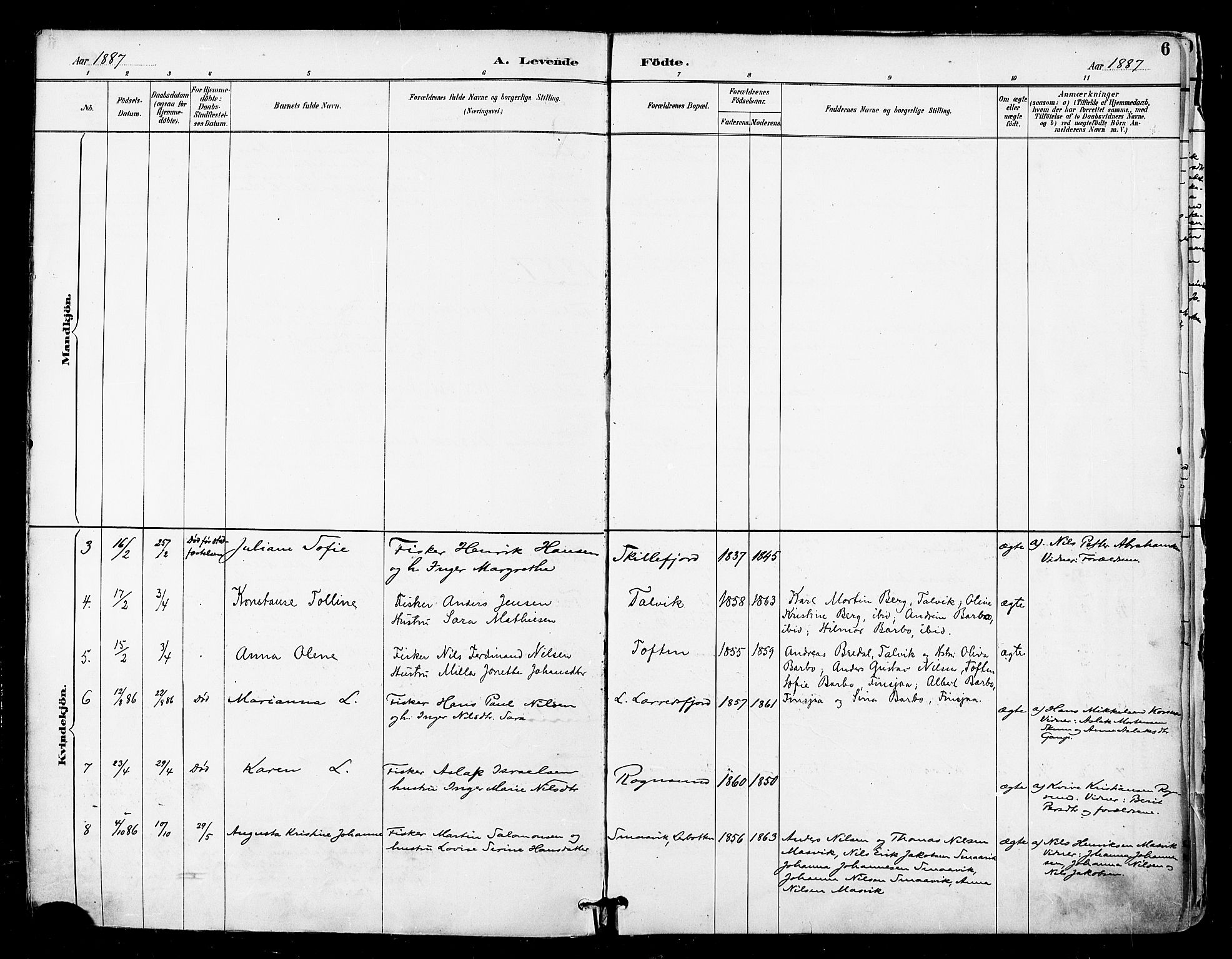 Talvik sokneprestkontor, AV/SATØ-S-1337/H/Ha/L0013kirke: Parish register (official) no. 13, 1886-1897, p. 6