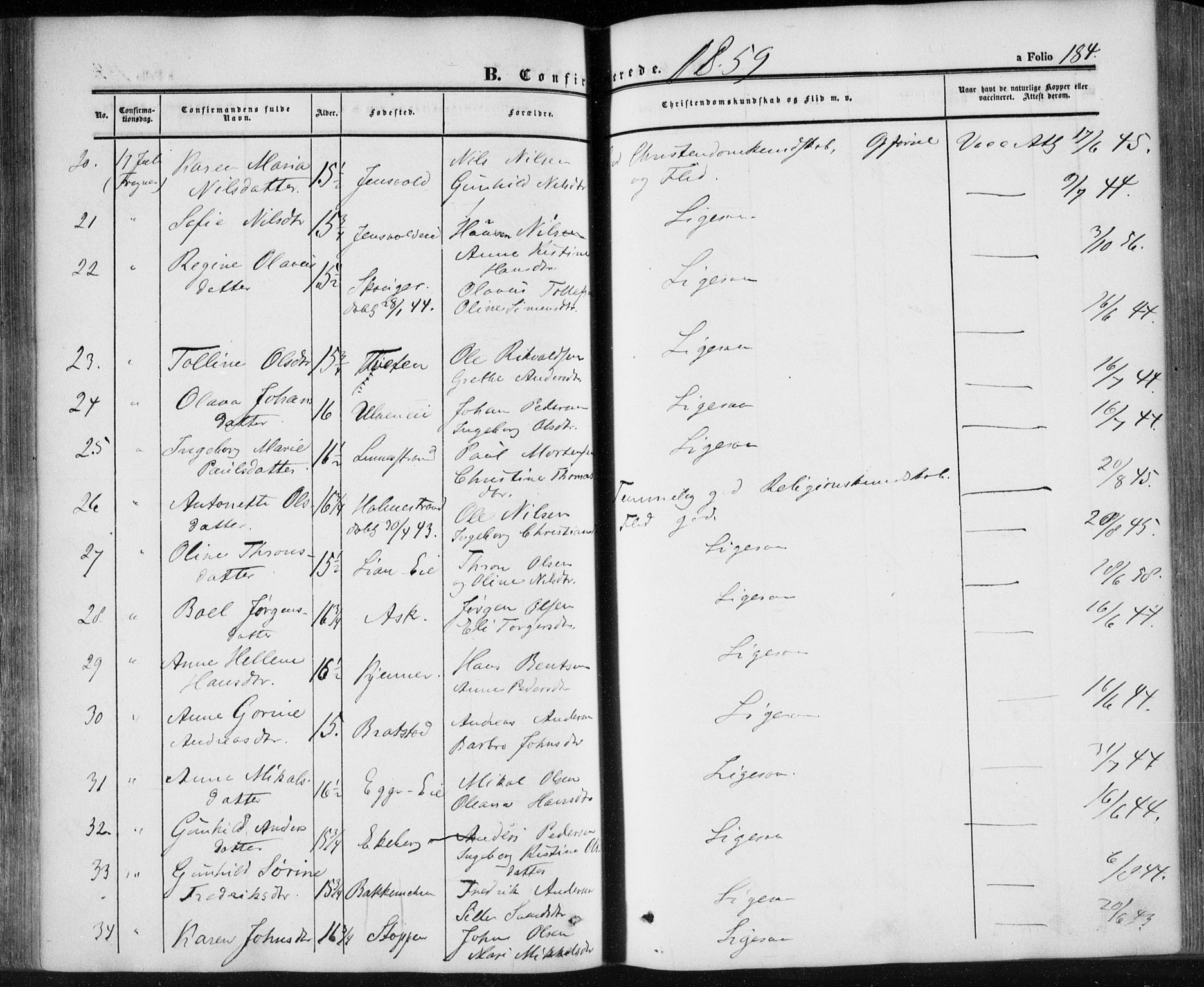 Lier kirkebøker, SAKO/A-230/F/Fa/L0012: Parish register (official) no. I 12, 1854-1864, p. 184