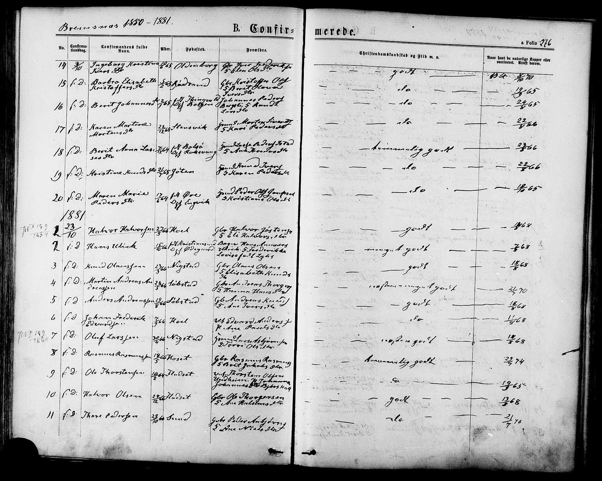 Ministerialprotokoller, klokkerbøker og fødselsregistre - Møre og Romsdal, AV/SAT-A-1454/568/L0806: Parish register (official) no. 568A12 /3, 1878-1884, p. 276