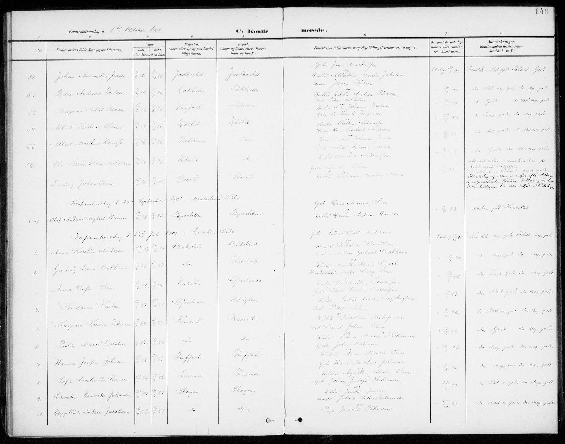 Lenvik sokneprestembete, SATØ/S-1310/H/Ha/Haa/L0014kirke: Parish register (official) no. 14, 1899-1909, p. 146