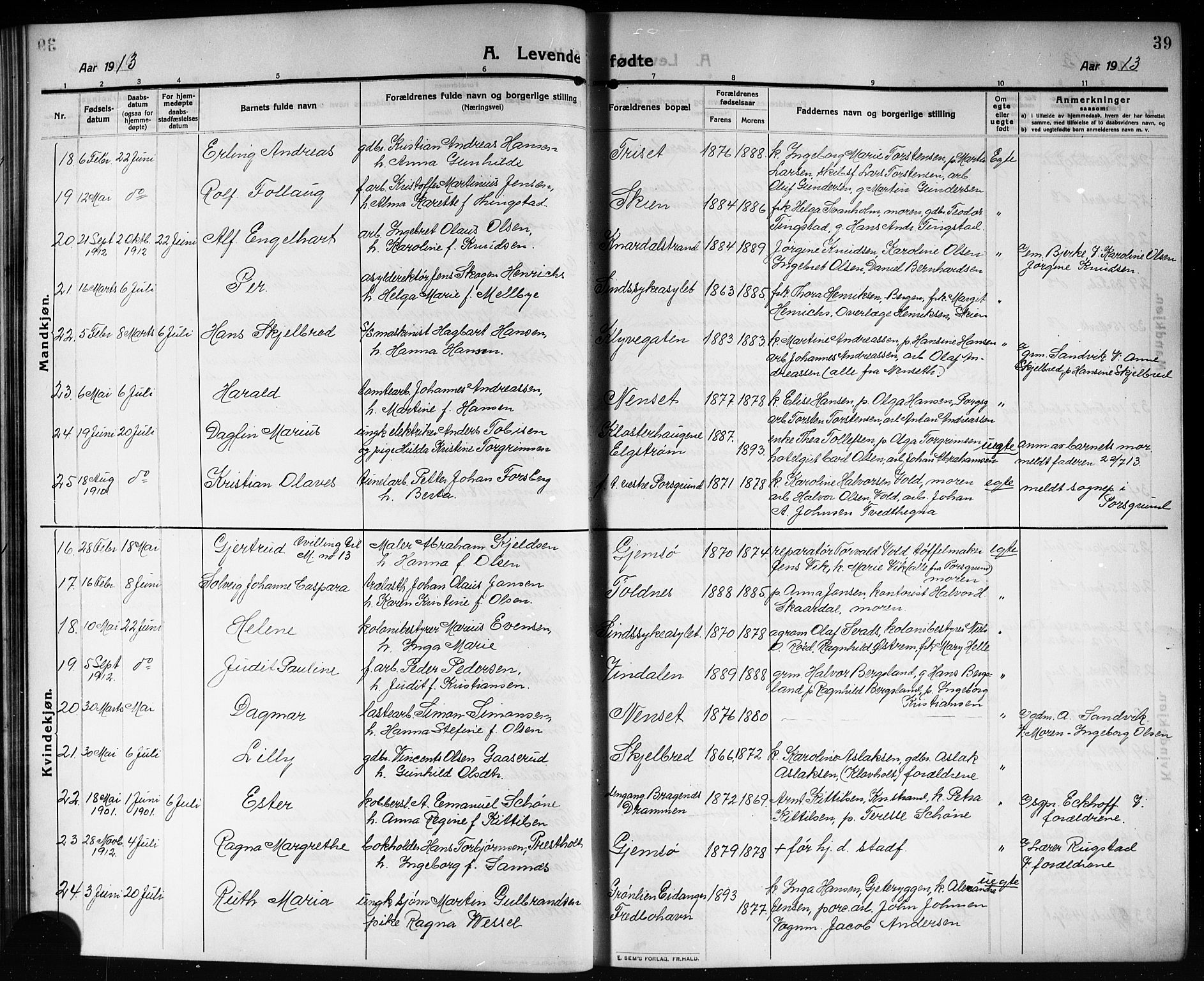 Solum kirkebøker, AV/SAKO-A-306/G/Ga/L0009: Parish register (copy) no. I 9, 1909-1922, p. 39