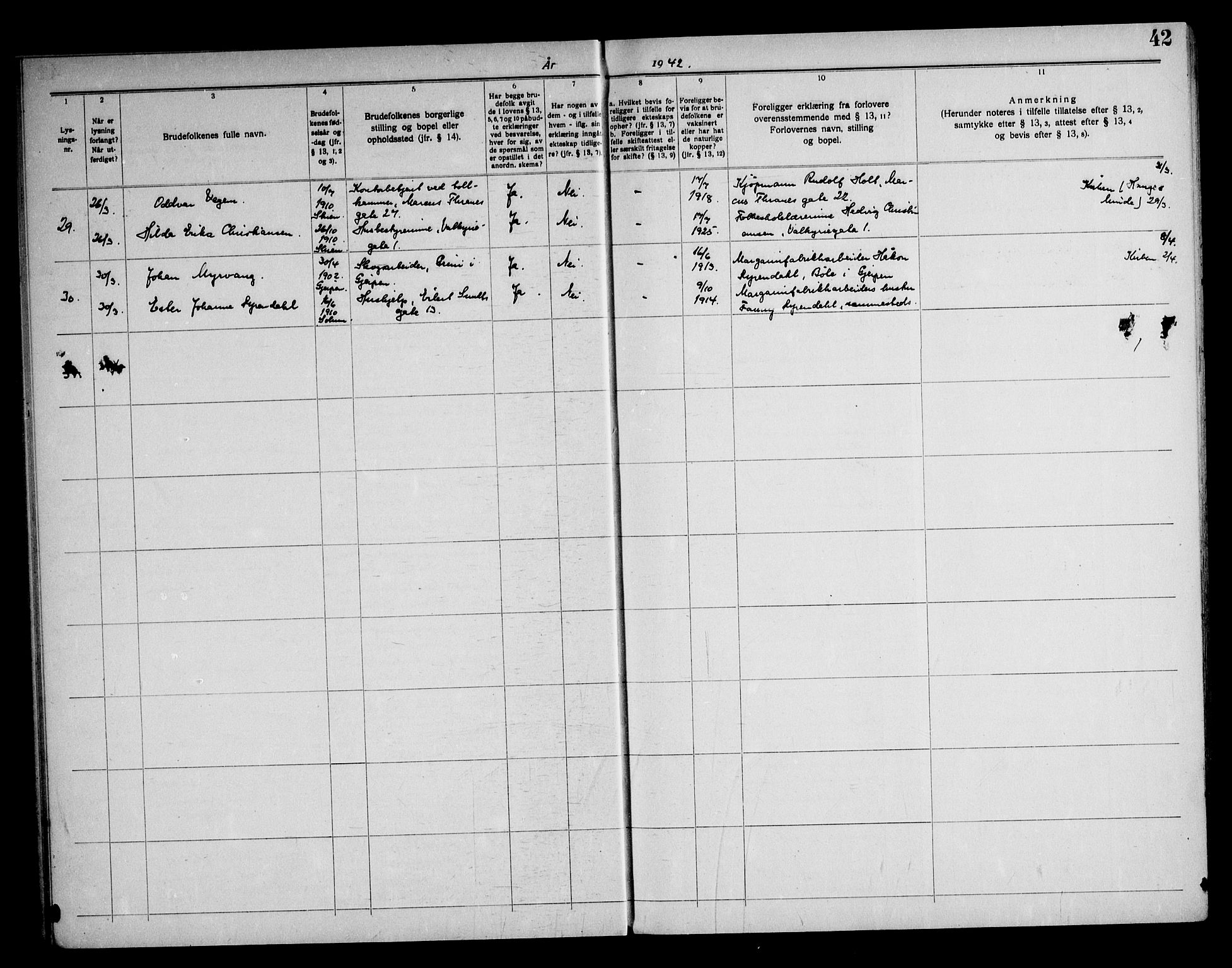 Skien kirkebøker, SAKO/A-302/H/Ha/L0002: Banns register no. 2, 1939-1949, p. 42