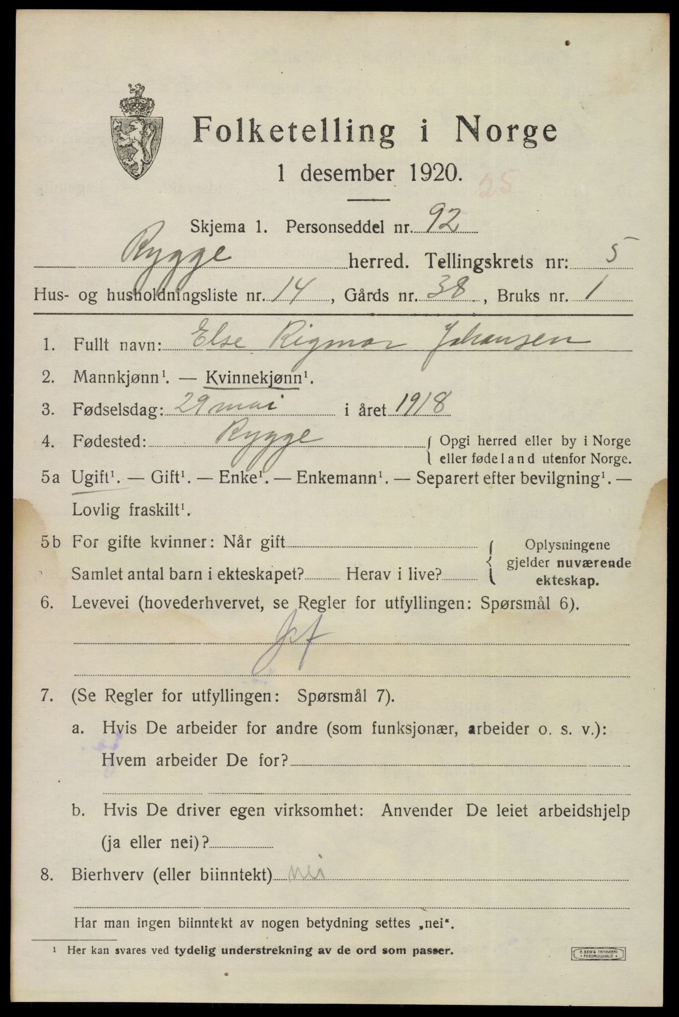 SAO, 1920 census for Rygge, 1920, p. 9755