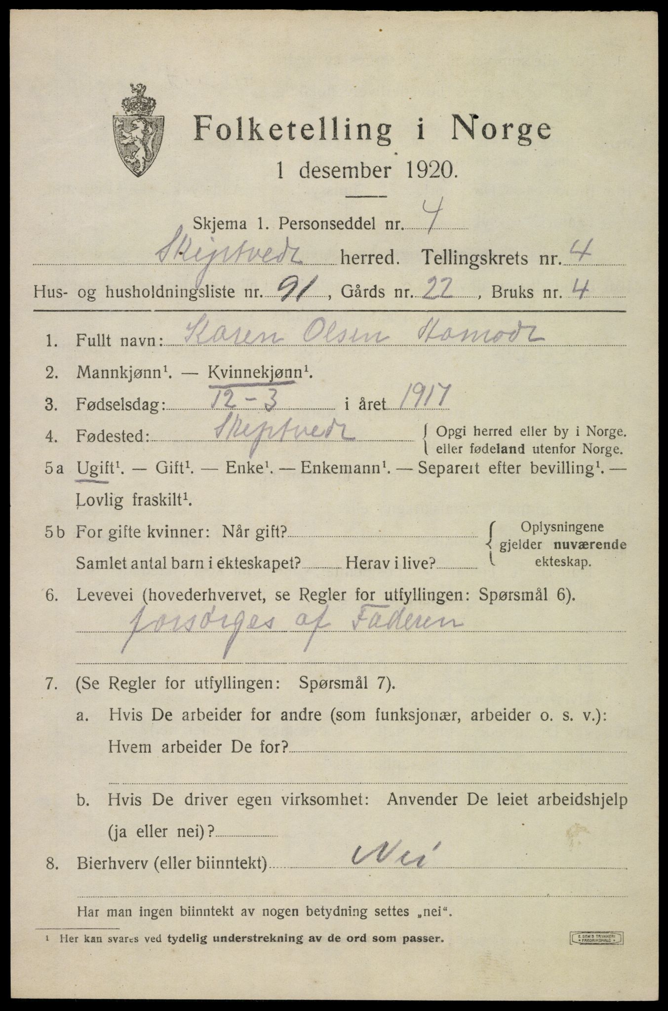 SAO, 1920 census for Skiptvet, 1920, p. 5119