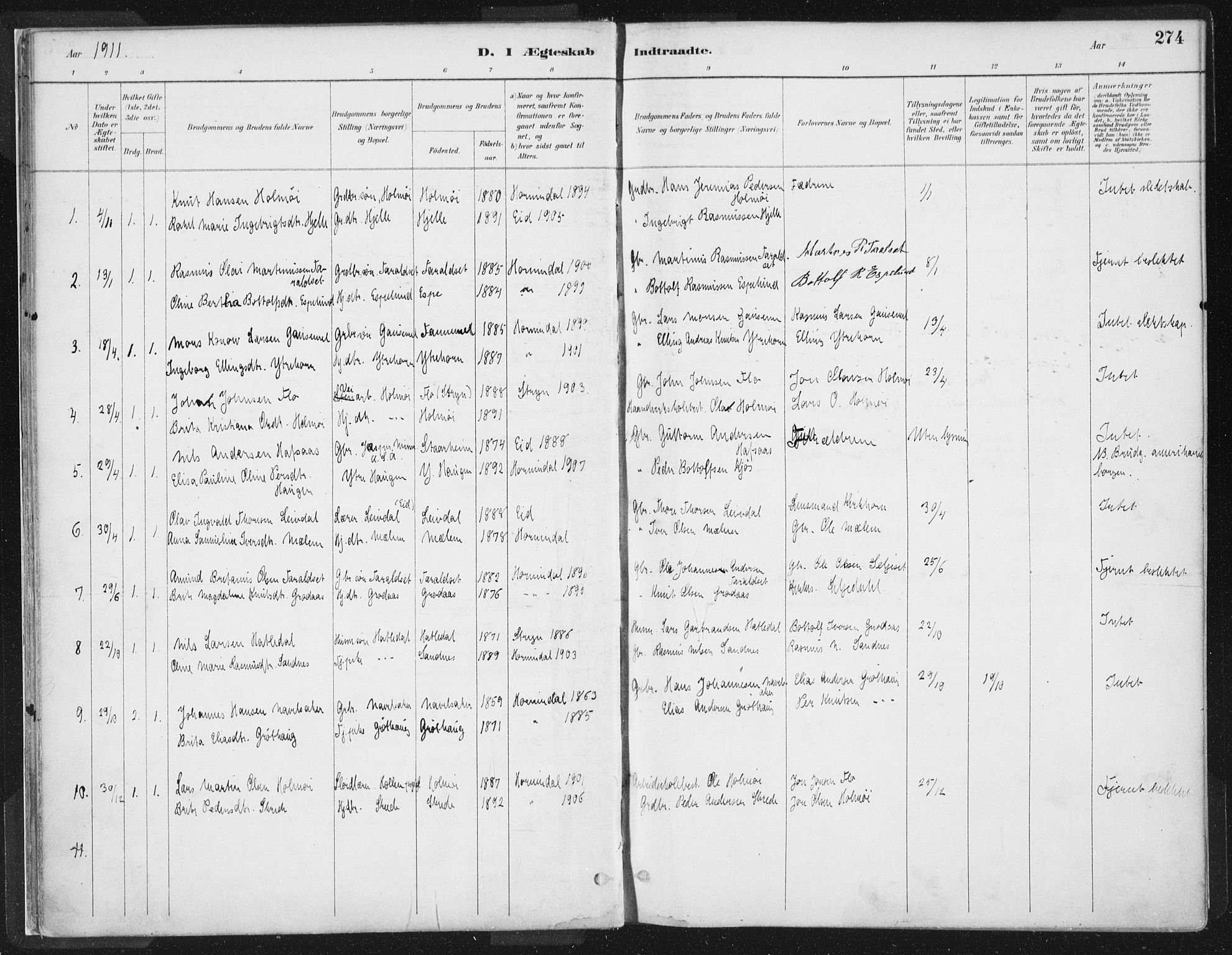 Hornindal sokneprestembete, SAB/A-82401/H/Haa/Haaa/L0003/0002: Parish register (official) no. A 3B, 1885-1917, p. 274