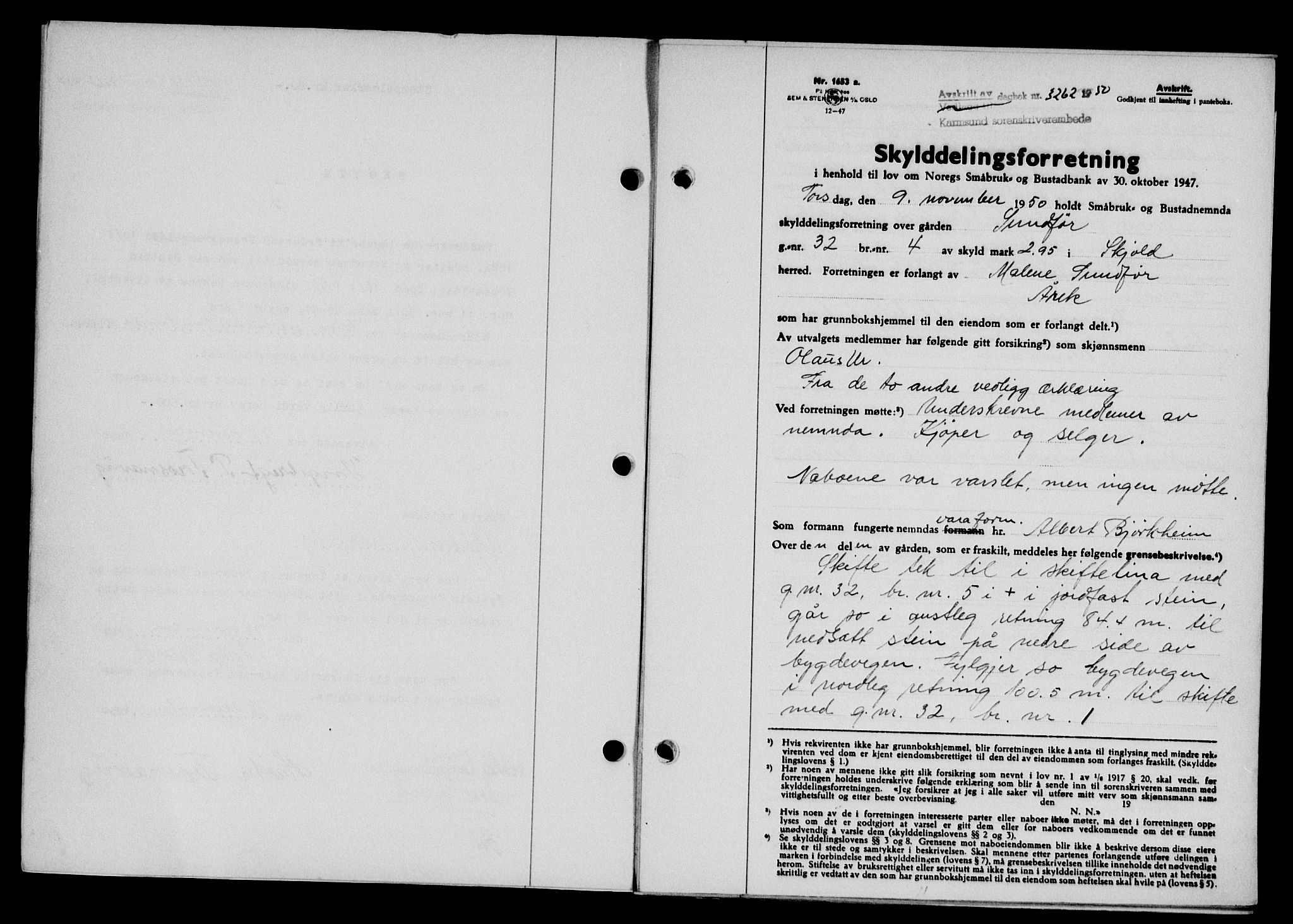 Karmsund sorenskriveri, SAST/A-100311/01/II/IIB/L0101: Mortgage book no. 81A, 1950-1951, Diary no: : 3262/1950