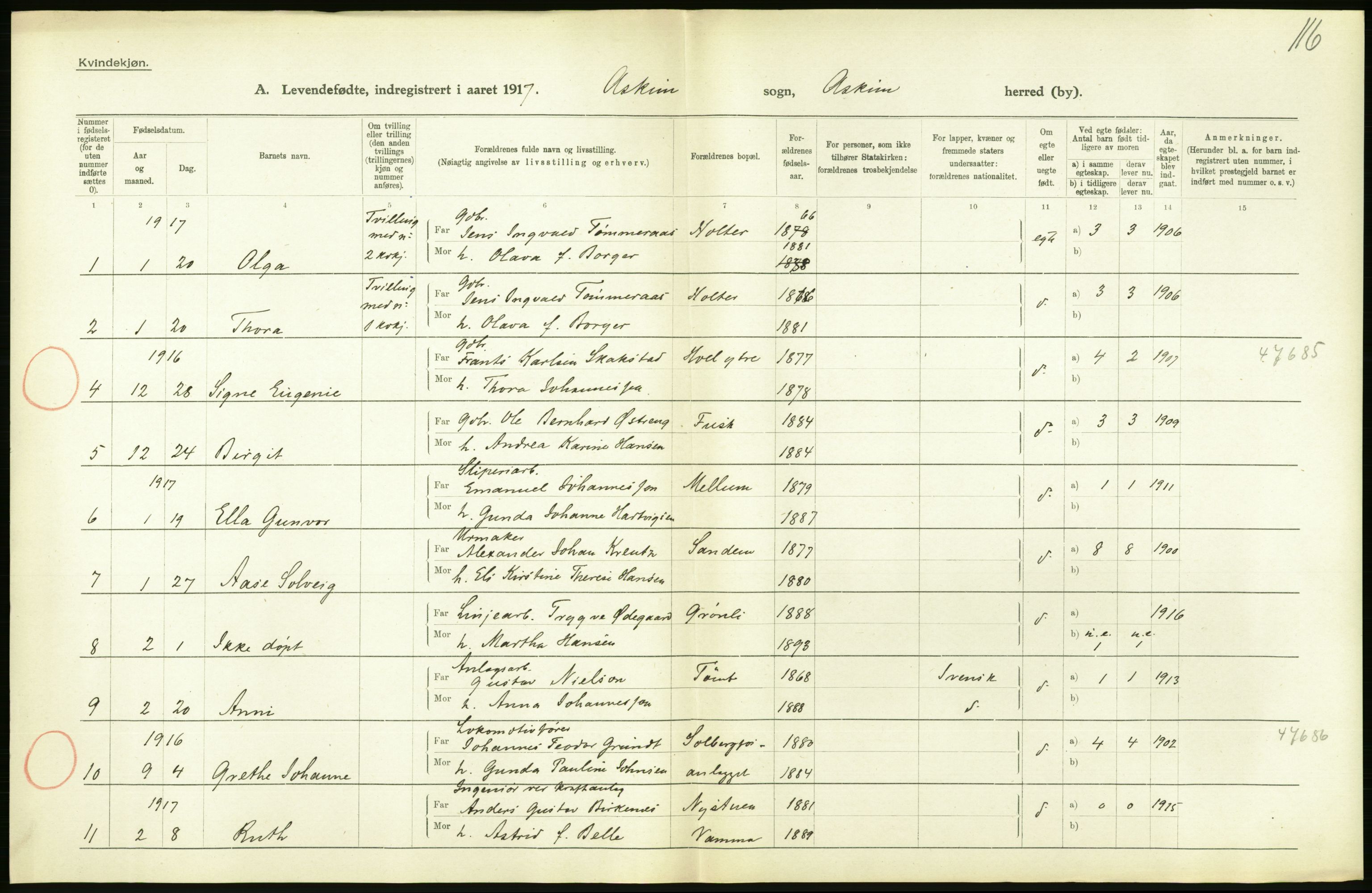 Statistisk sentralbyrå, Sosiodemografiske emner, Befolkning, AV/RA-S-2228/D/Df/Dfb/Dfbg/L0001: Smålenenes amt: Levendefødte menn og kvinner. Bygder., 1917, p. 46