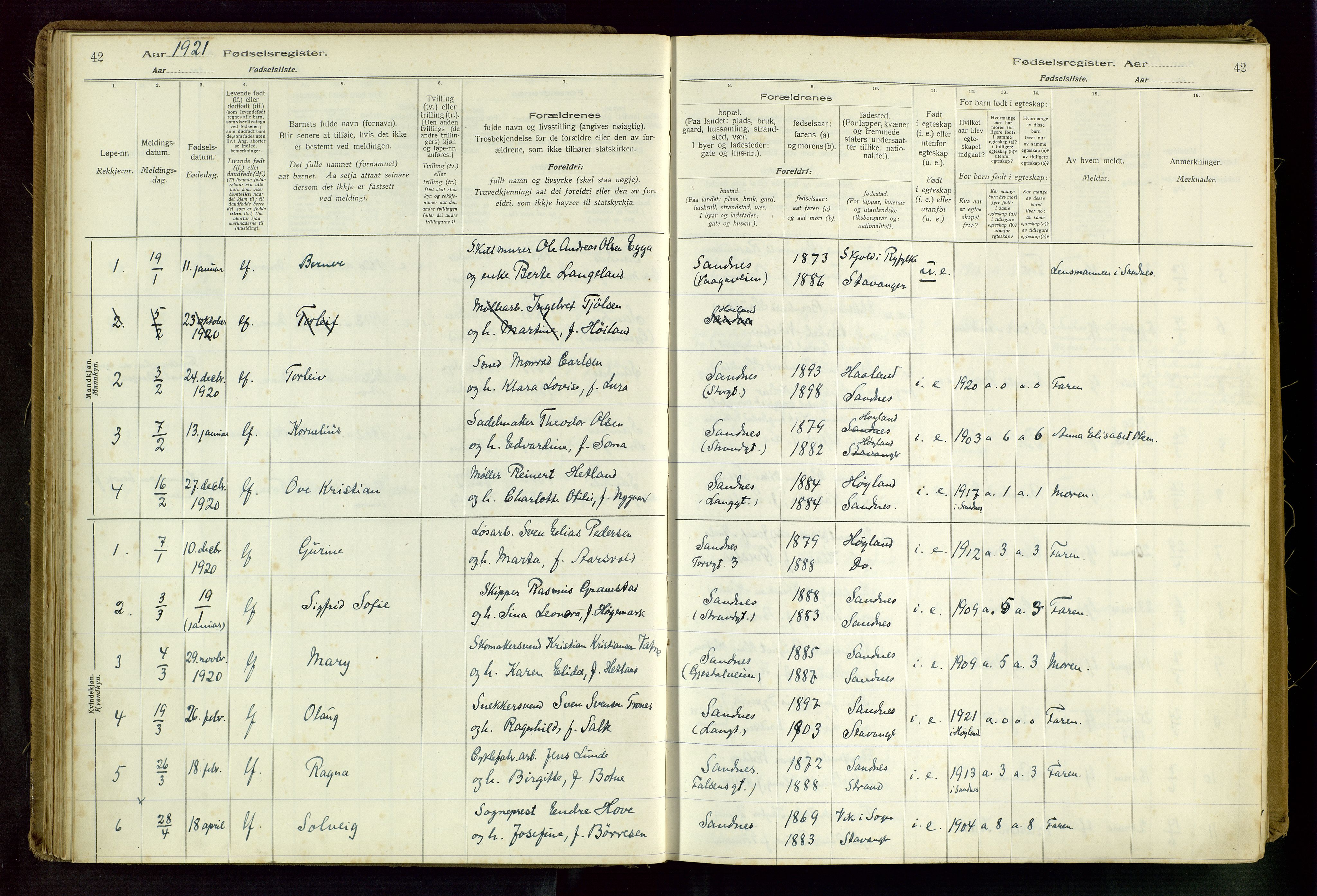 Sandnes sokneprestkontor, AV/SAST-A-101800/704BA/L0001: Birth register no. 1, 1916-1942, p. 42