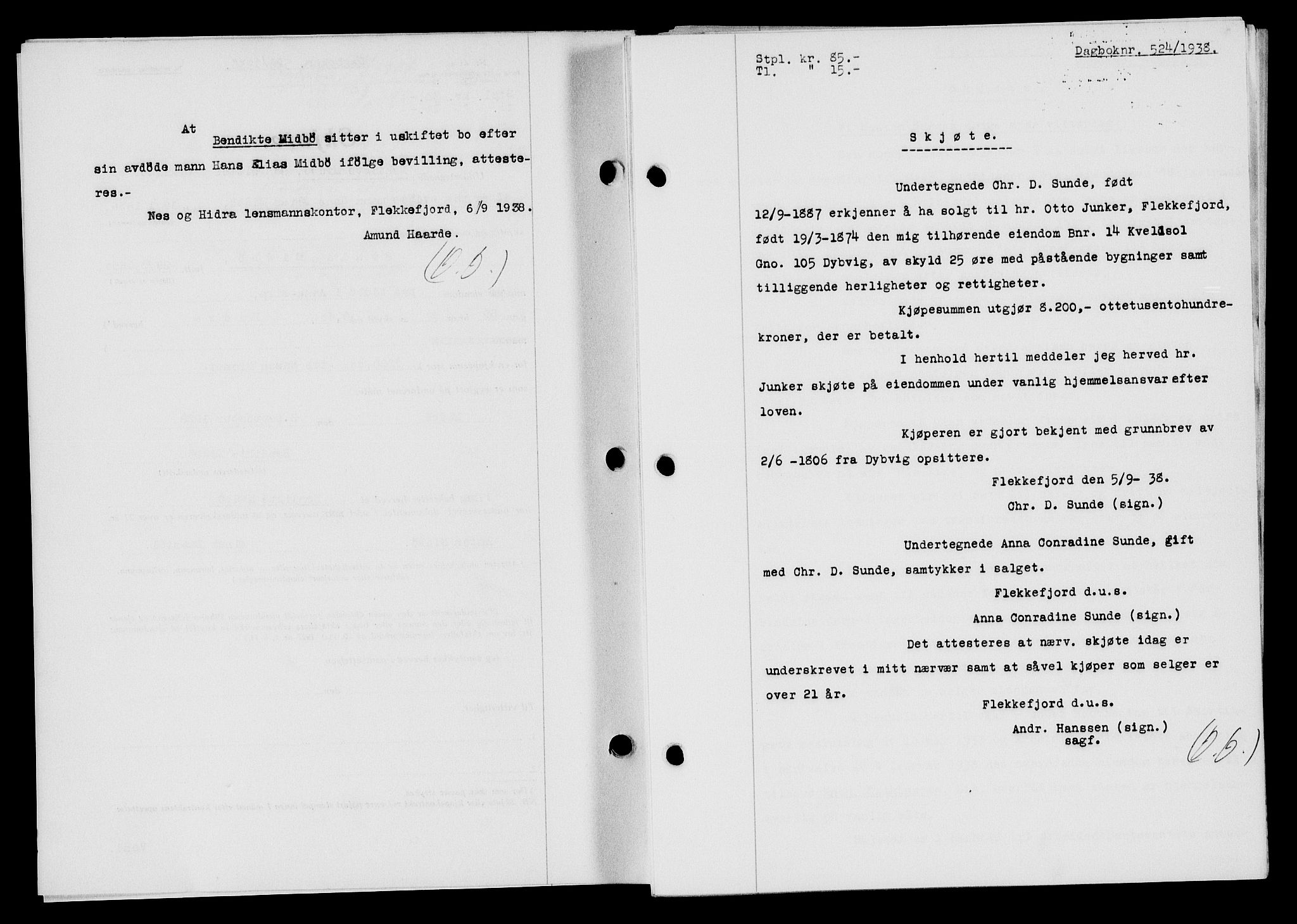 Flekkefjord sorenskriveri, SAK/1221-0001/G/Gb/Gba/L0054: Mortgage book no. A-2, 1937-1938, Diary no: : 524/1938