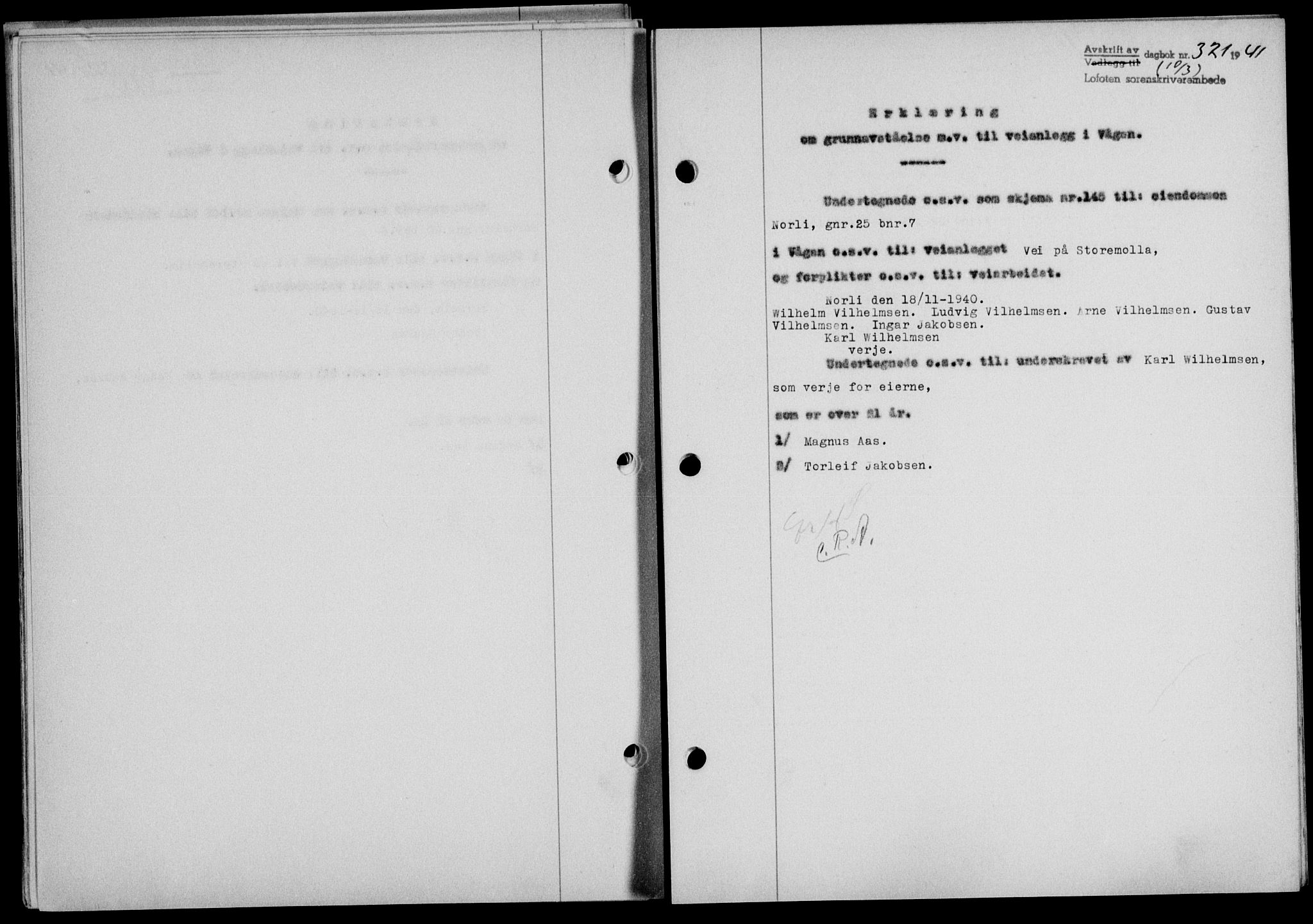 Lofoten sorenskriveri, SAT/A-0017/1/2/2C/L0008a: Mortgage book no. 8a, 1940-1941, Diary no: : 321/1941