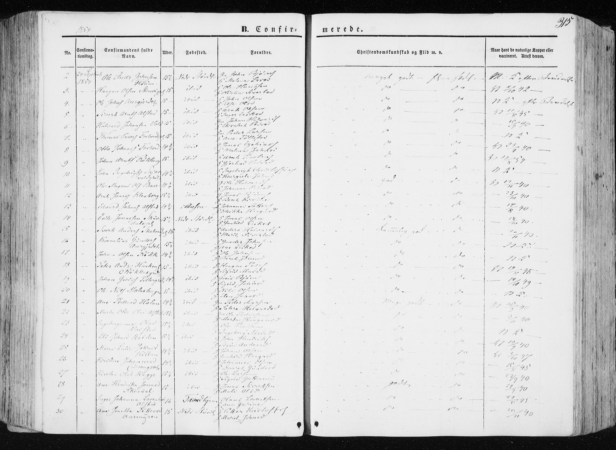 Ministerialprotokoller, klokkerbøker og fødselsregistre - Nord-Trøndelag, AV/SAT-A-1458/709/L0074: Parish register (official) no. 709A14, 1845-1858, p. 315