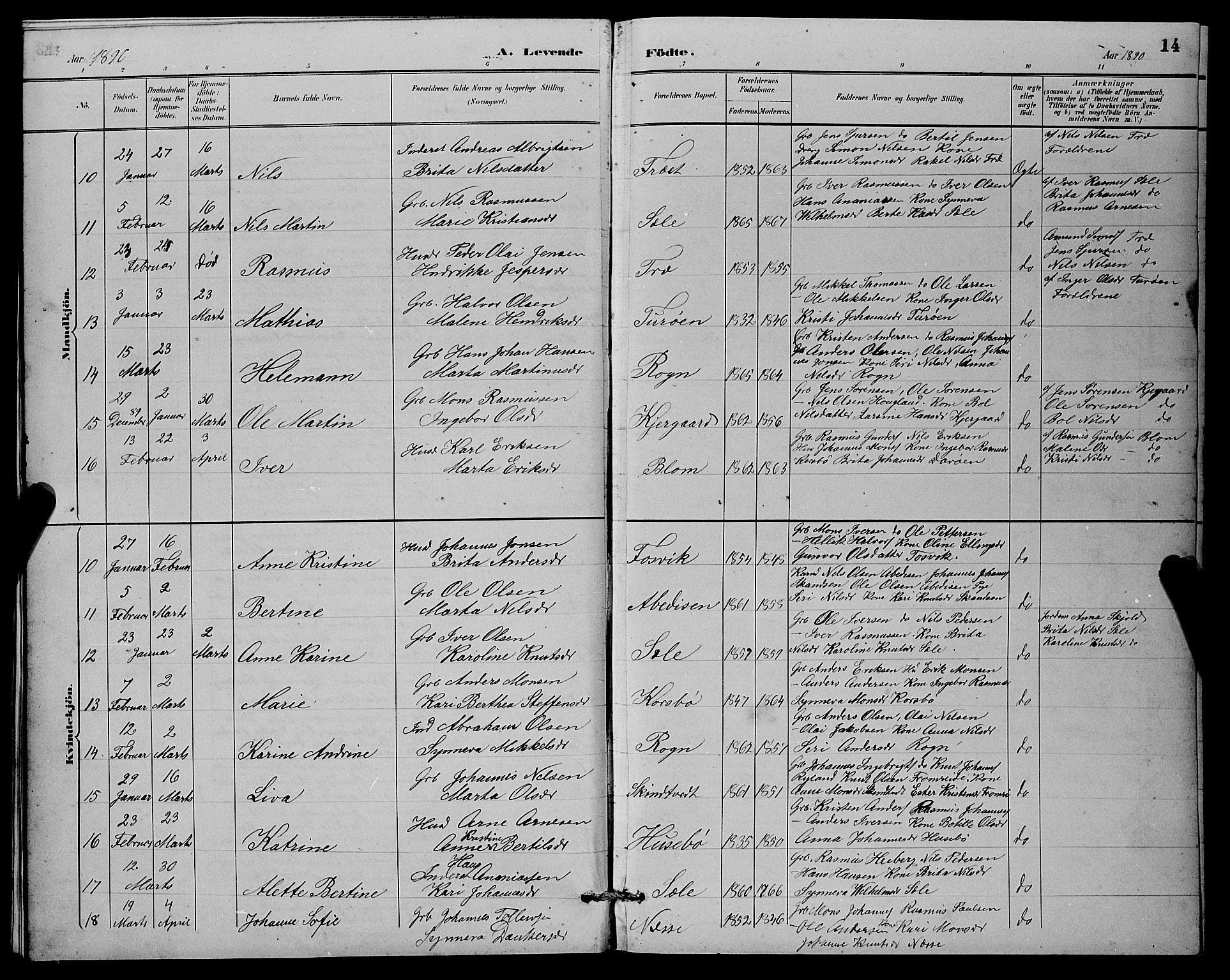 Herdla Sokneprestembete, SAB/A-75701/H/Hab: Parish register (copy) no. A 3, 1889-1899, p. 14