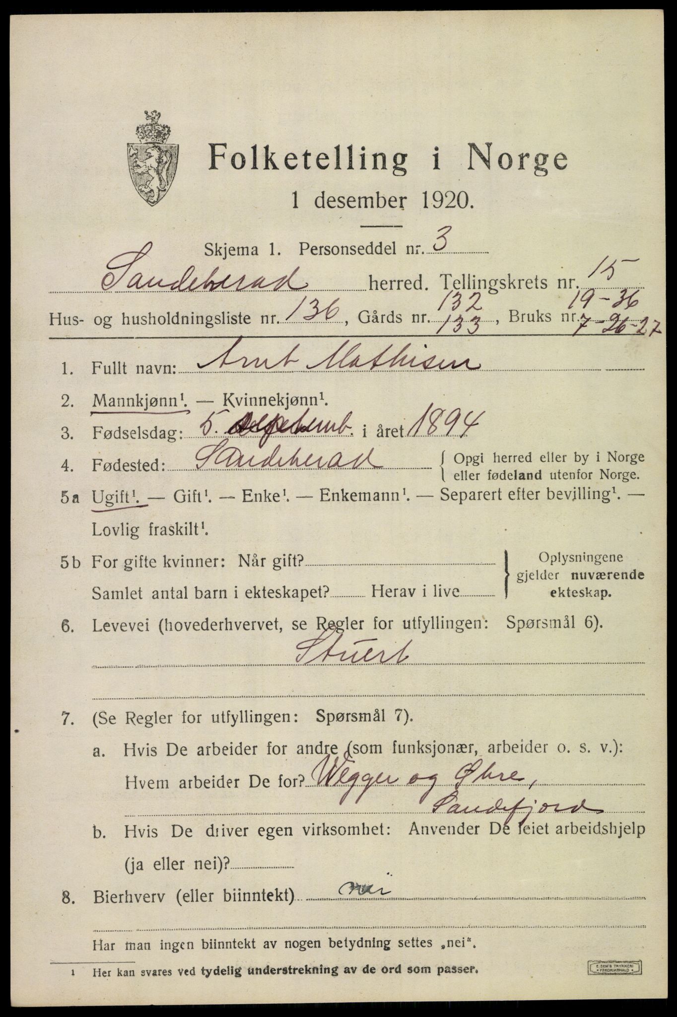SAKO, 1920 census for Sandeherred, 1920, p. 24426