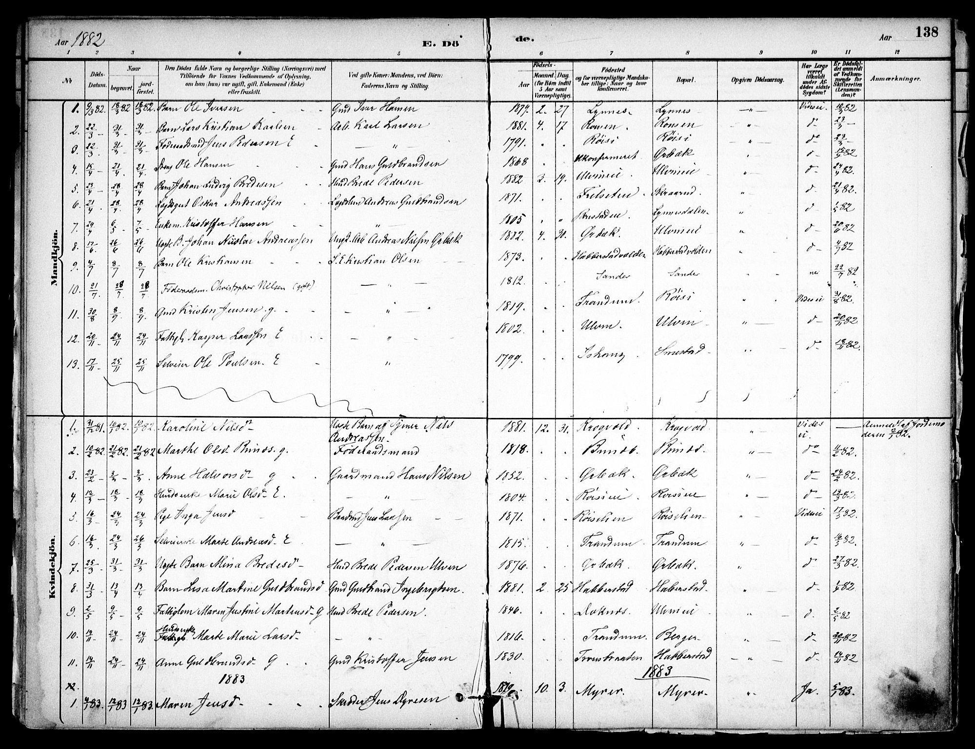 Eidsvoll prestekontor Kirkebøker, SAO/A-10888/F/Fb/L0001: Parish register (official) no. II 1, 1882-1897, p. 138